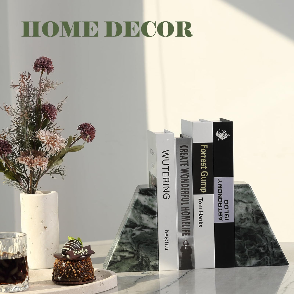 Karibiber Marble Bookends for Heavy Books, Decorative Bookends for Shelves, Green Stone Book Ends, Heavy-Duty Book Ends for Hardback Book & Cookbooks, Unique Book Stopper & Holder, Set of 2