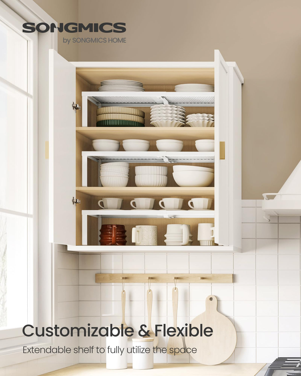 SONGMICS Spice Racks, Set of 2 Expandable Kitchen Countertop Shelves, Small Cupboard Organizers, Metal, Space-Saving Tabletop Shelves, Matte White UKCS402W01