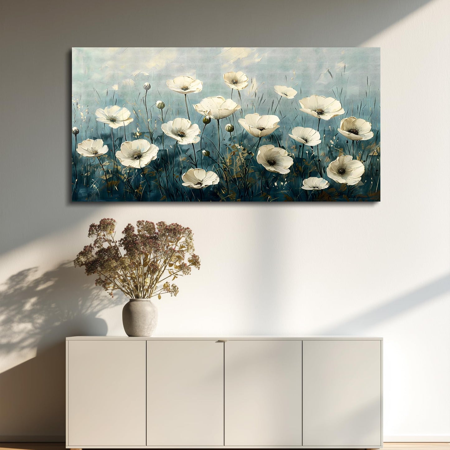 FUHAIHUA Canvas Wall Decor For Bedroom Wall Art For Living Room Office Decorations White Flowers Landscape Painting Modern Wall Pictures Artwork Farmhouse Posters Ready To Hang Home Decor 20x40 In