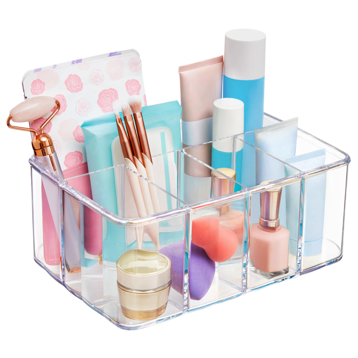 STORi 5-Compartment Clear Plastic Organizer | Rectangular Divided Makeup and Vanity Storage Bin and Office Desk Caddy | Scalloped Wall Design | Made in USA
