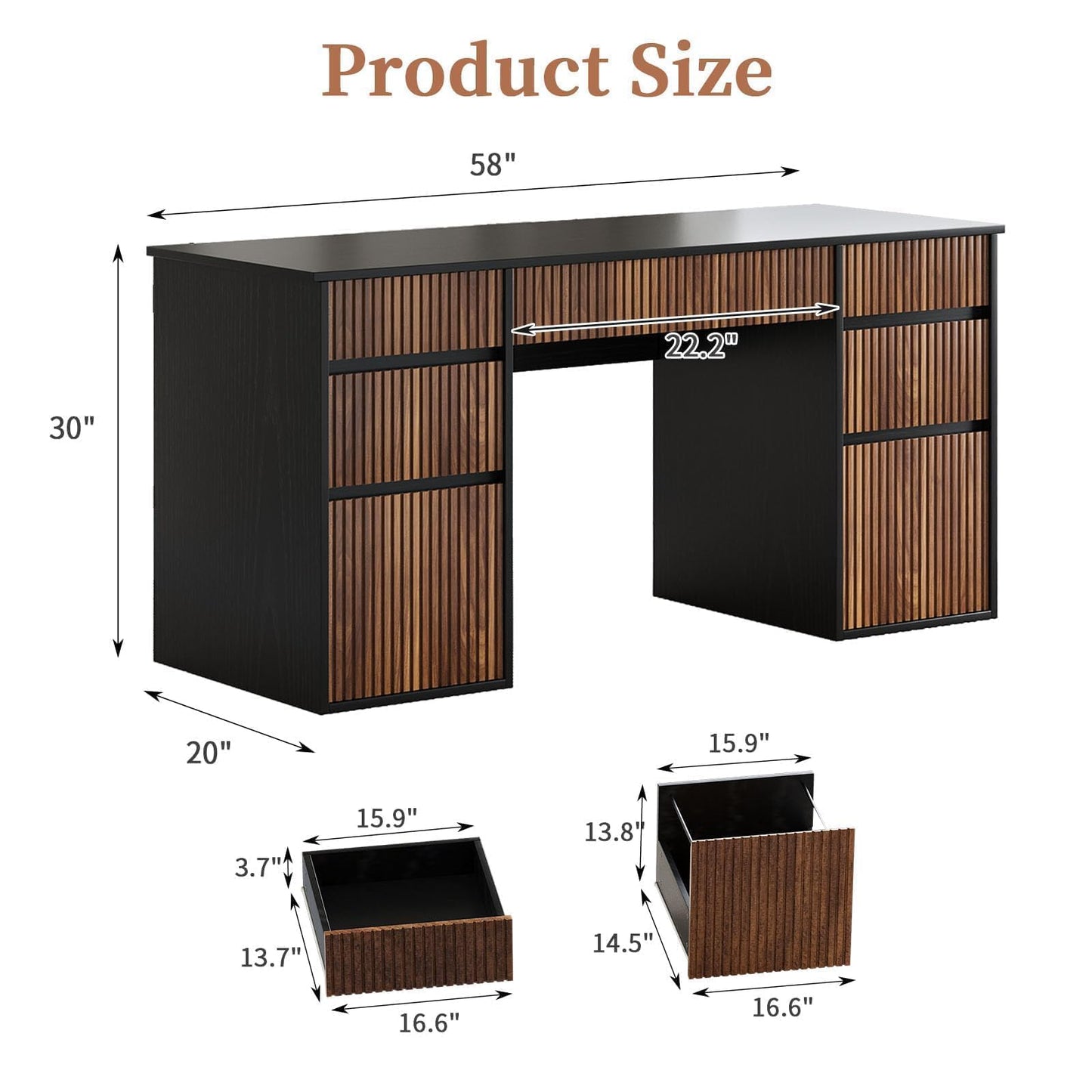 4 EVER WINNER Black Desk with Drawers, 58" Executive Office Desk with 7 Drawers and Hidden Handle, Computer Desk with File Cabinets for Living Room Study Table for Bedroom, Black