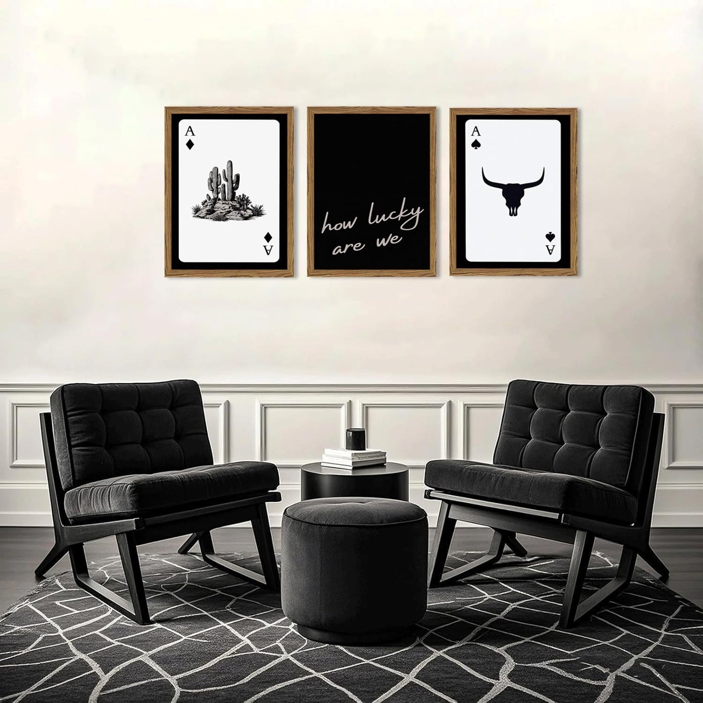 Western Wall Art Set of 3, Southwestern Cowboy Playing Card Wall Decor, Longhorn Bull Skull and How Lucky are We Poster Canvas Painting Prints for Bedroom Living Room 12x16 inch Wood Framed