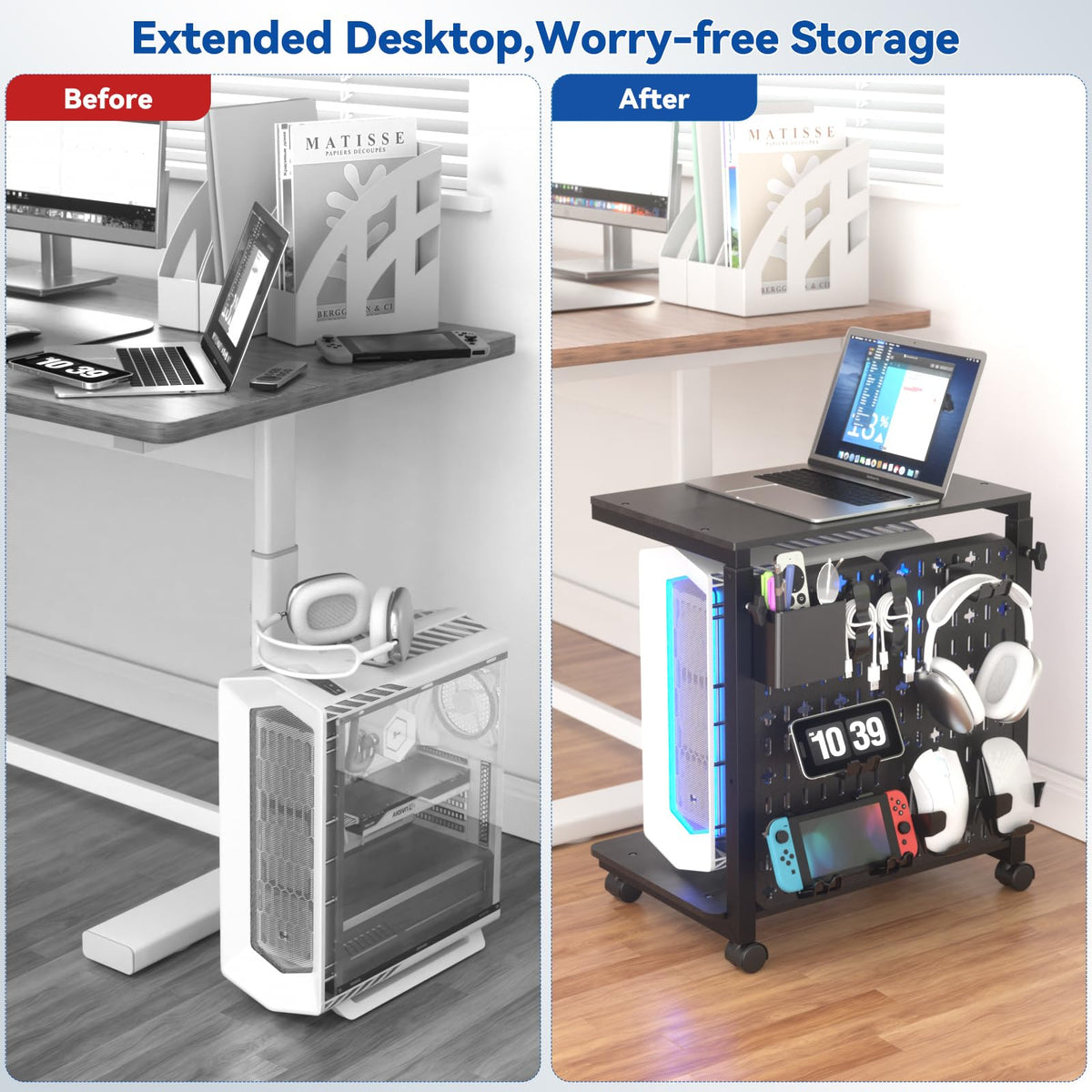 Computer Tower Stand with Pegboard Organizer, Height Adjustable 2-Tier PC Tower Shelf for Floor with Accessories, CPU Holder Cart with Locking Wheels for Most PC Gaming Home Office, 24.2-29.5"