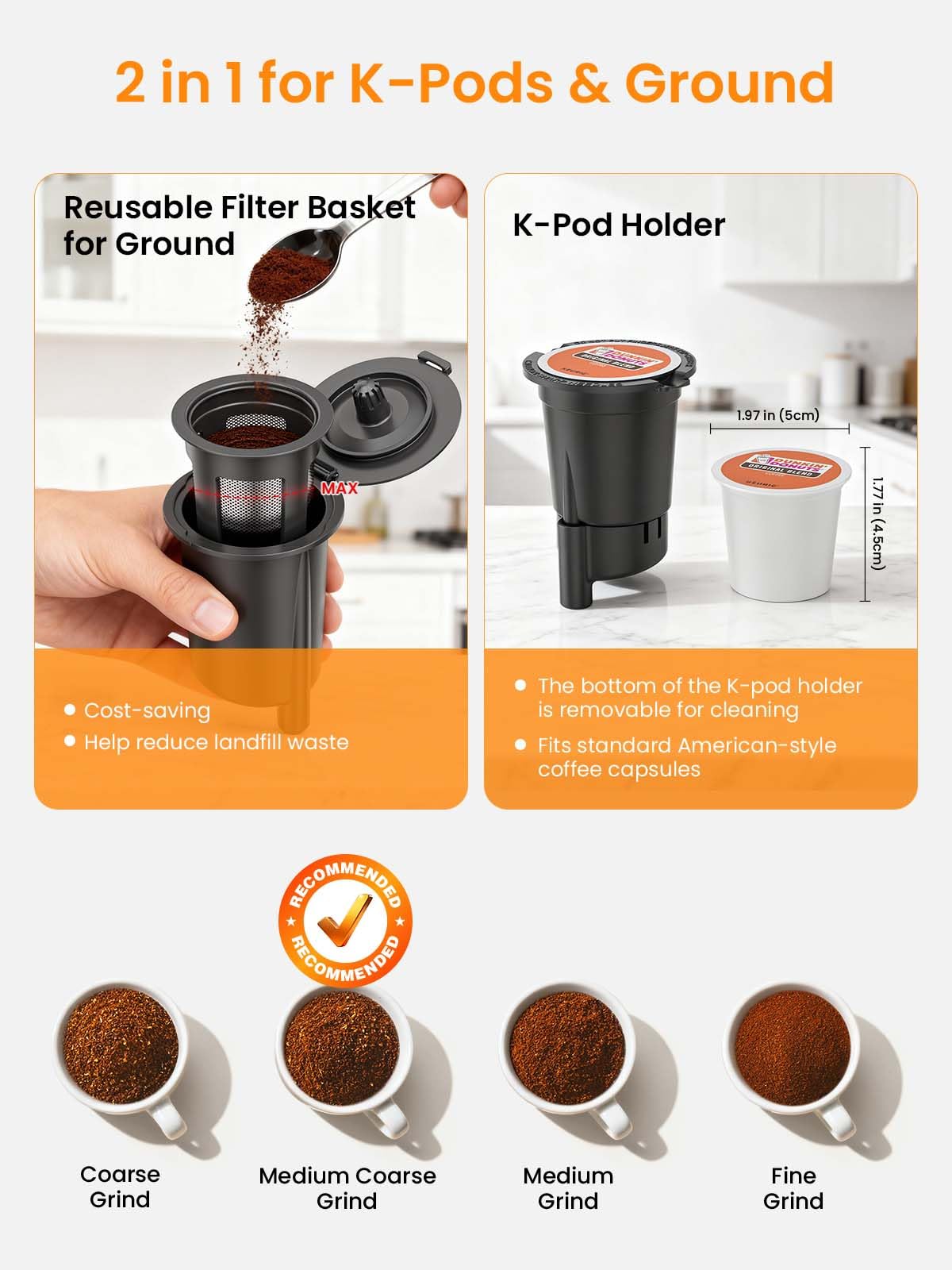Karosie K Cup Coffee Maker, Hot & Iced Coffee Maker for K Cup and Grounds, 6-14 Oz Brew Sizes, 50oz Removable Tank, Single Cup Coffee Maker with Descaling Reminder, Stainless Steel, Black