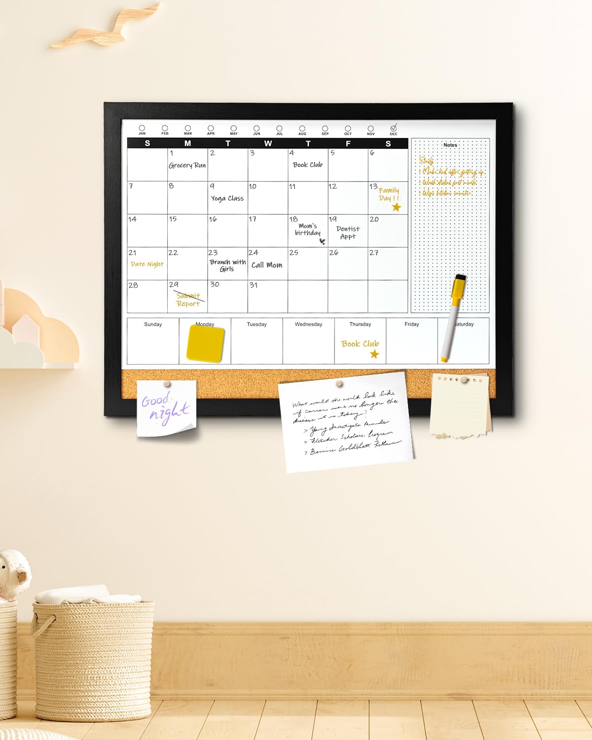 Dry Erase Calendar Whiteboard for Wall, 4-in-1 Magnetic Monthly Whiteboard with Wooden Framed, 17" x 13", Reusable Monthly Combination Planner Board for Home, Office, Classroom