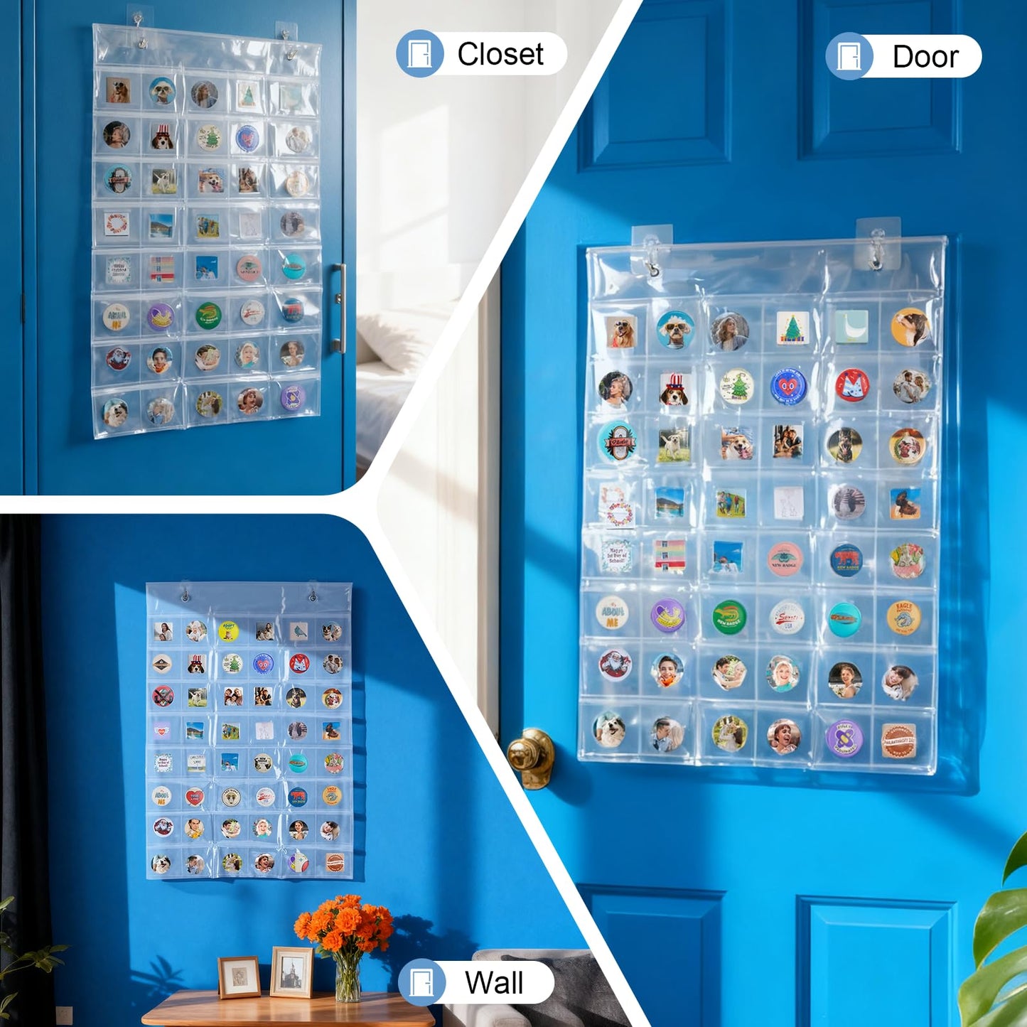 4 Pack Hanging Sticker Display Organizer Button Display Storage, Wall Door Pin Display Holder, Trading Pin Banner for Badges, Patches, Collection, Anime Convention Accessories, Holds to 192 Pins