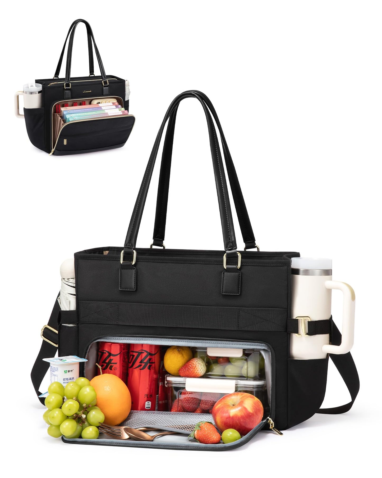 LOVEVOOK Lunch Tote Bag for Women 15.6 Inch, 3-in-1 Teacher Bag with Insulated Lunch Compartment, Padded Laptop Sleeve & File Organizer, Nurse Work Tote Bag with Cup Holder, Black