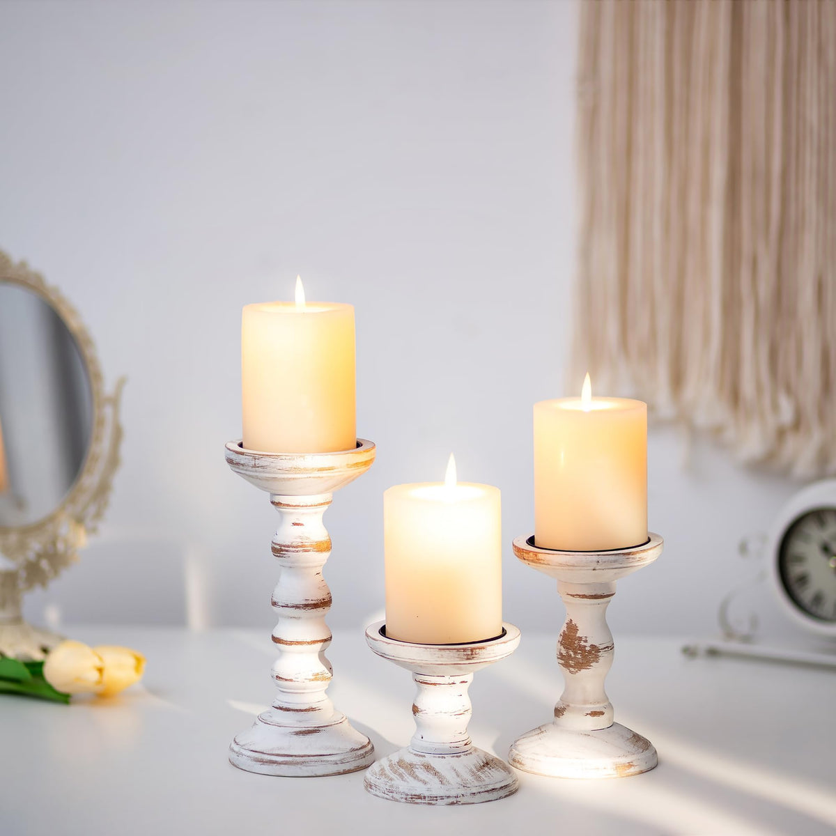 Romadedi Wood Candle Holders for Pillar Candles - Set of 3 Tall Farmhouse Wooden Candlestick Holder, Rustic Candle Stand for Fireplace Mantle Shelf Table Home Decor, Brown Whitewashed 3.9"/6"/ 8.3"