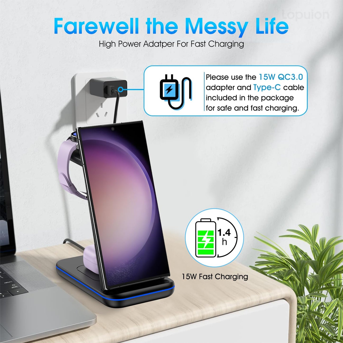 Wireless Charging Station for Samsung/Android, Fast Wireless Watch Charger Station Compatible for Samsung Galaxy S25 Ultra/S24/S23+/Z Flip 7/6 Fold 7/6, Watch8/7/Pro/Active 2 Galaxy Buds3/2 Pro(Black)