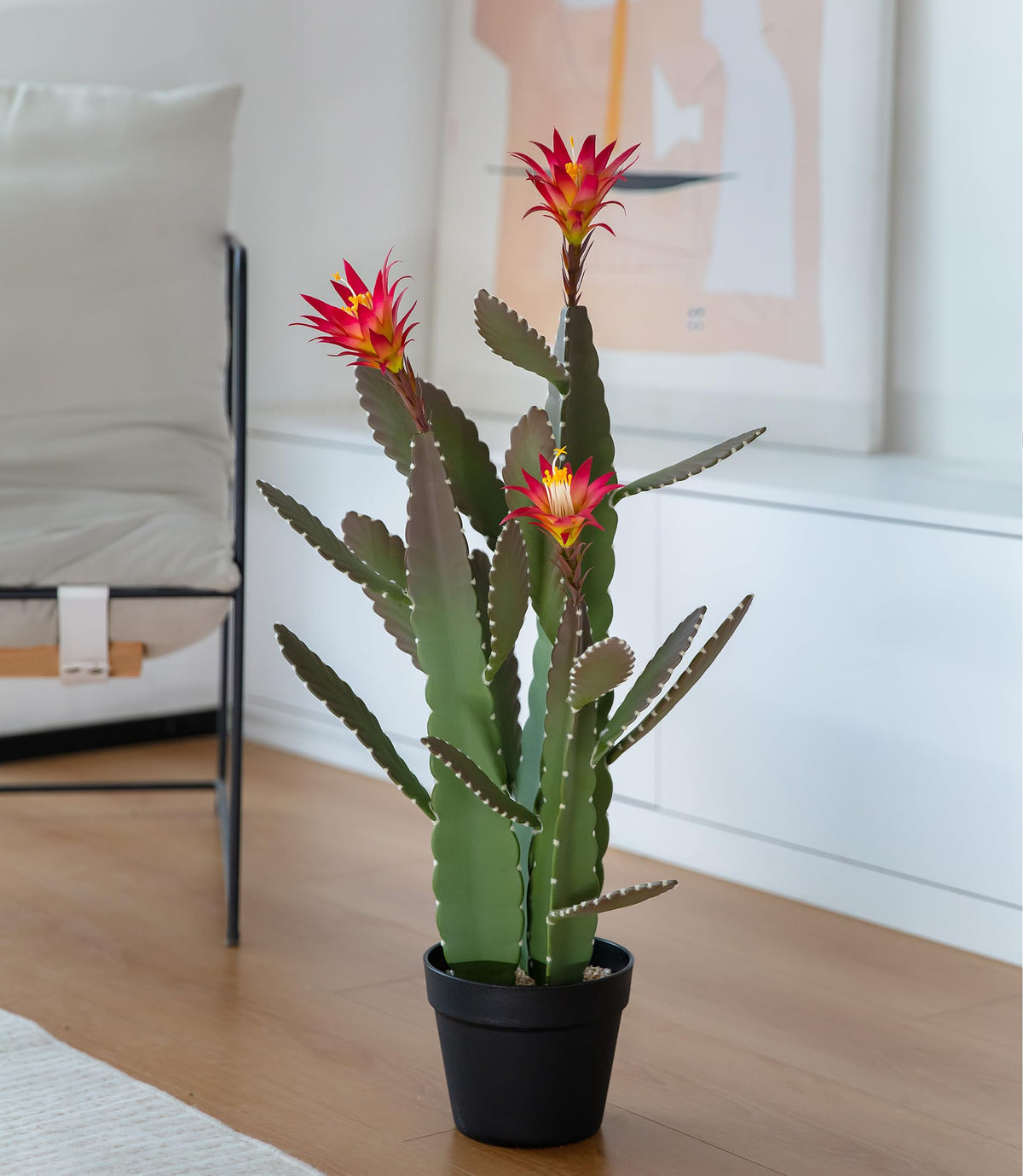 SUNPRAIRIE 33 Inch Large Artificial Cactus with Magenta Flowers in Pot with Natural Gravel. Satin Finish Leaves with Real Look and Feel. Outdoor and Indoor Faux Plants.
