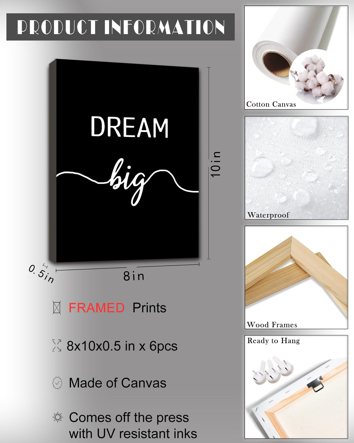Drsoum Motivational Wall Decor Inspirational Office Wall Art Framed Black Quotes for Living Room Encouraging Canvas Posters for Office Bedroom Sayings - 8 x10in x6 PCS (Framed)
