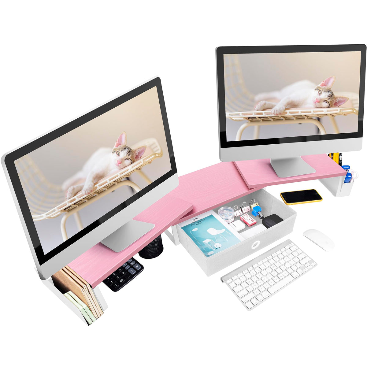 Dual Monitor Stand Riser With Drawer & Metal Leg, Large Desk Shelf For 2 Monitors w/ Adjustable Length & Angle, Desktop Organizer For Laptop/TV/Printer