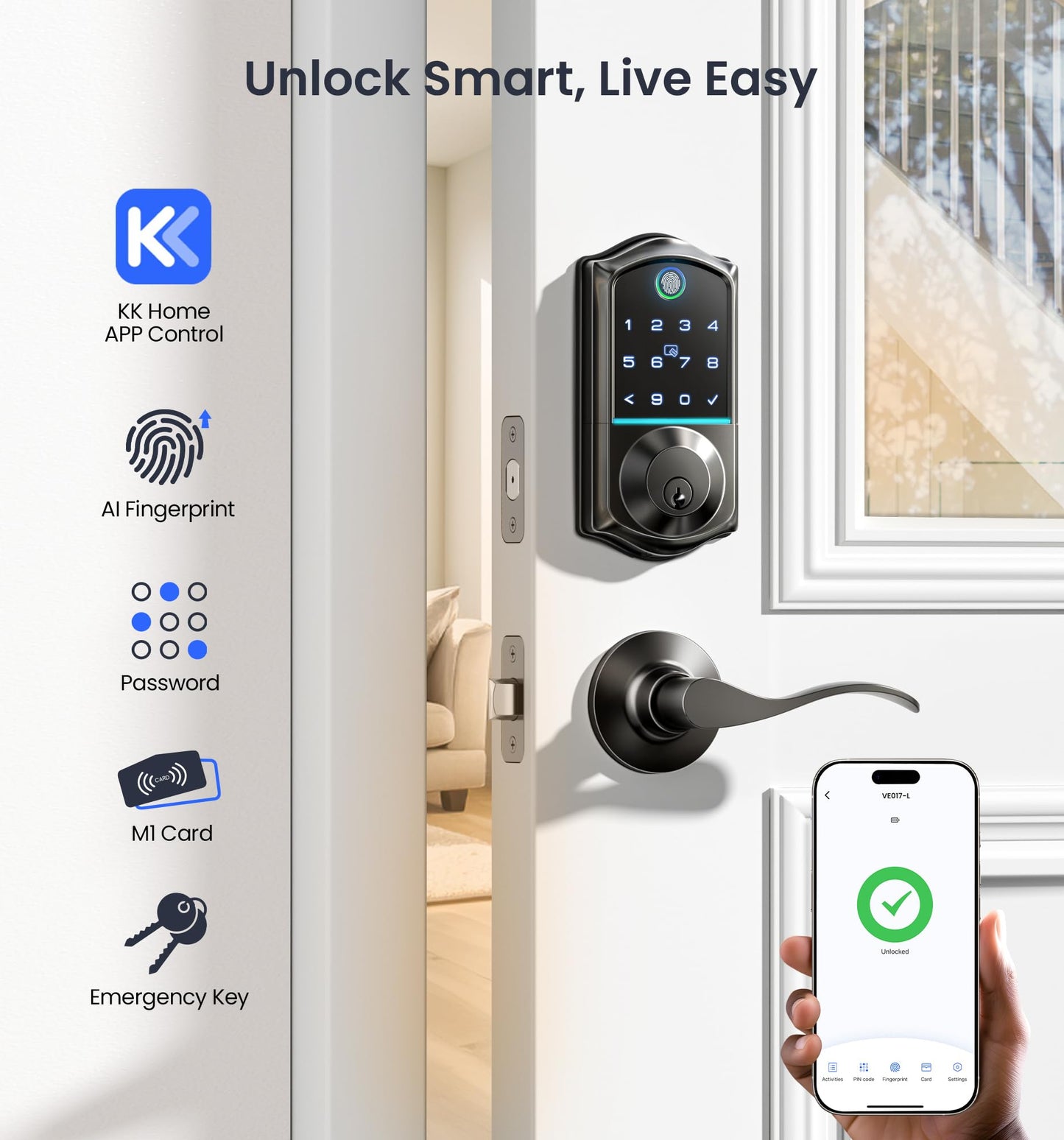 Veise VE017-L Fingerprint Smart Lock with Lever Handles, App Control, Keyless Entry Front Door Lock Set, Electronic Digital Keypad Deadbolt, Remote Grant, Emergency Power Port, Auto Lock, Matte Black