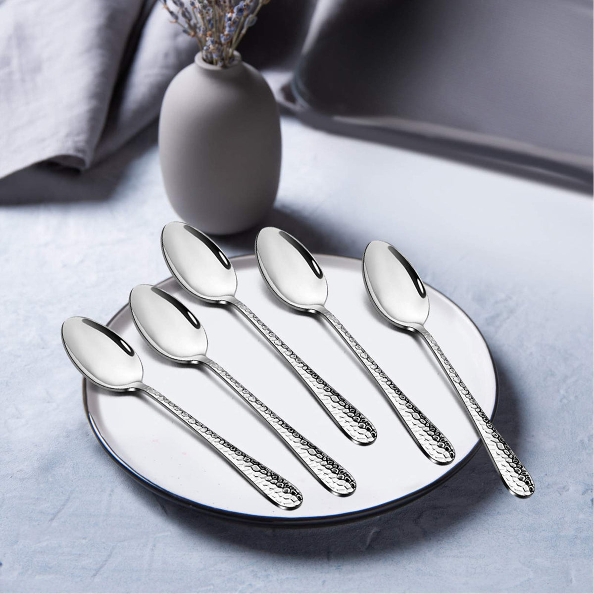 E-far Stainless Steel Teaspoons Set of 12, Modern Hammered Silverware Flatware Dessert Spoons for Home, Kitchen, Restaurant, Round Edge & Mirror Polished, Dishwasher Safe - 6.7 Inches