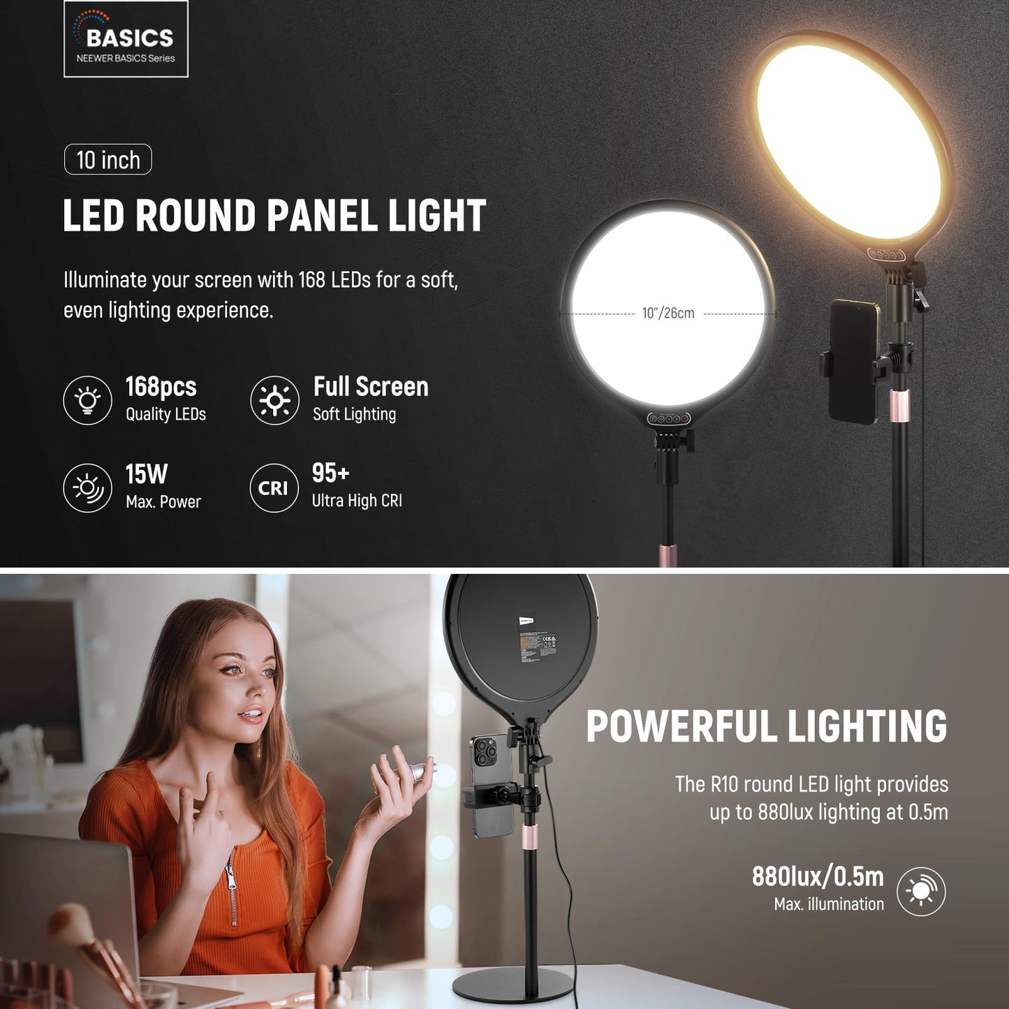 NEEWER Basics 2 Pack 10.5" Desktop LED Ring Light with Stand for Desk/Phone Holder, 3000-6500K Full Screen 15W Panel Lighting for iPhone Recording Streaming Selfie Laptop Webcam Video Conference, R10