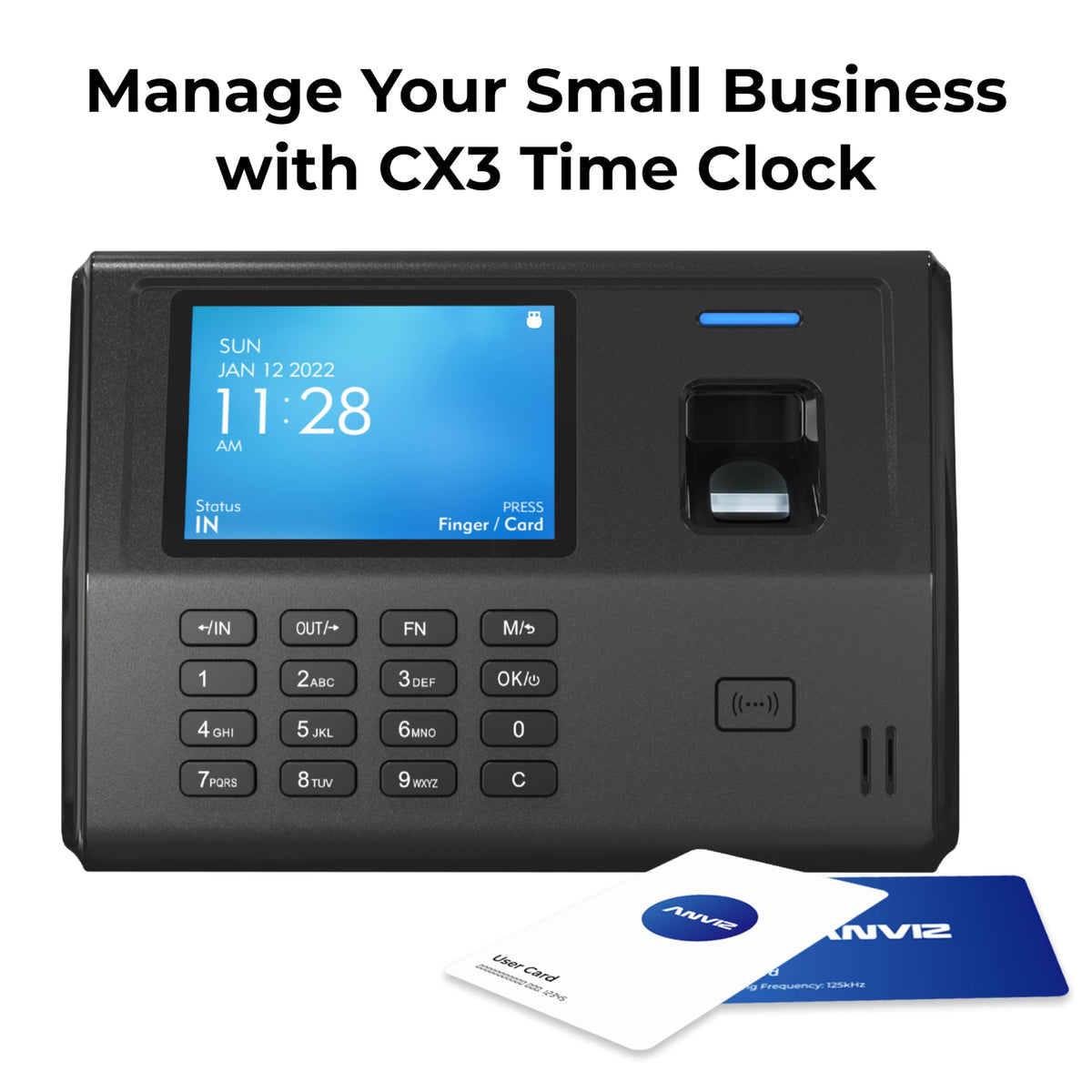 ANVIZ Time Clocks for Small Business Employees CX3 - No Monthly Fee No Software Required - Fingerprint Biometric Clock in and Out Machine - Right Out of The Box, Finger + RFID + Pin Punching
