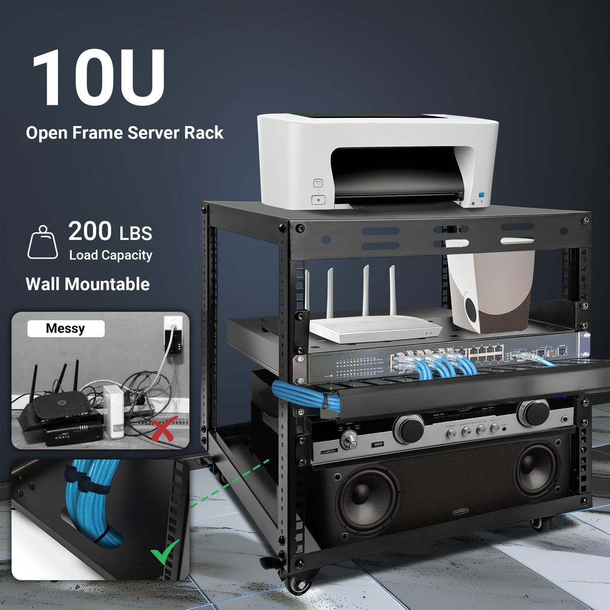 Eastrexon Upgraded 10U Server Rack - 19.7”L x 18.8”W x 23.4”H Open Frame Network Rack, Wall-Mountable & Freestanding with 4 Swivel Casters & 2 Shelves, for Computer/Data/IT/Stereo Equipment, New Model