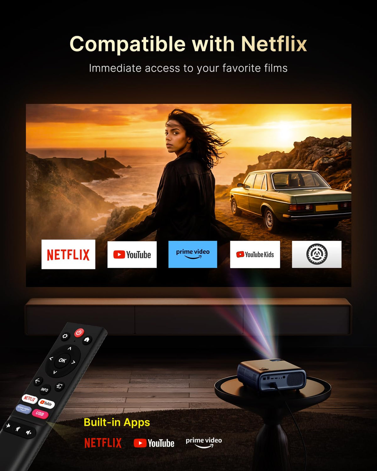 NexiGo PJ40 Ultra Outdoor Projector, Compatible with Netflix/YouTube/Prime Video, 800 ANSI Lumens, AI Image Enhancement, Native 1080p Video Projector, 20W Speaker, Auto Keystone