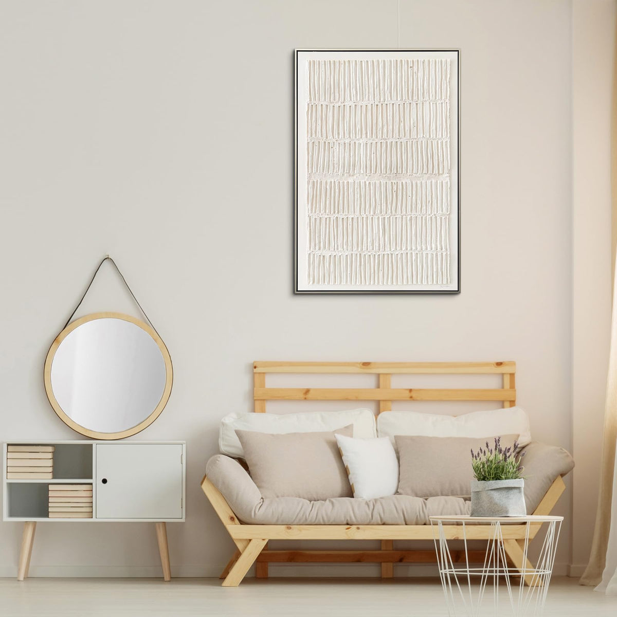 VGICH Large Framed Canvas Wall Art, Modern Abstract Wall Art for Living Room, Beige Textured 100% Hand-painted Painting, Minimalist Wall Decor for Living Room, Bedroom, Office, Hallway, 27x43 Inch