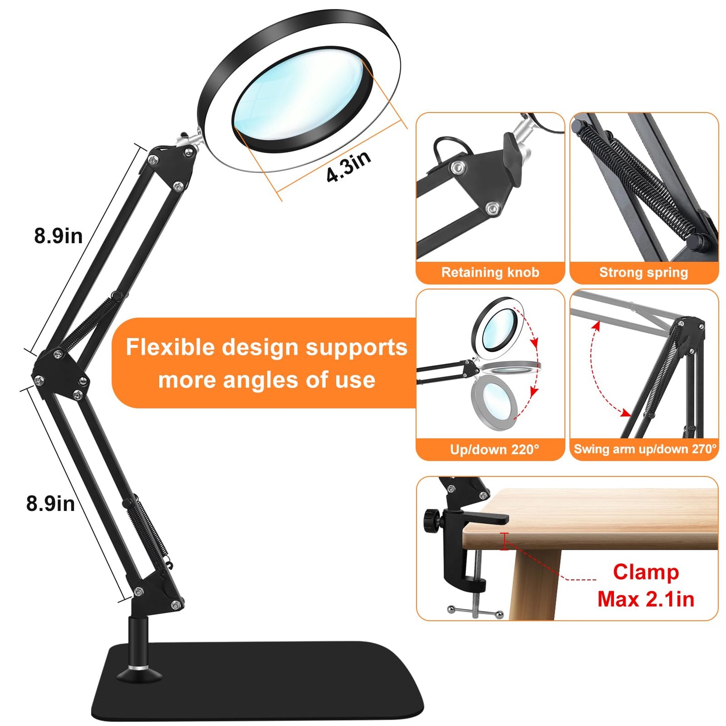 10X Magnifying Glass with Light and Stand, Dimmer Adjustable Swing Arm 2-in-1 Desk Lamp and Clamp, LED Lighted Desk Magnifier with Light for Craft Reading Repair Painting Close Work