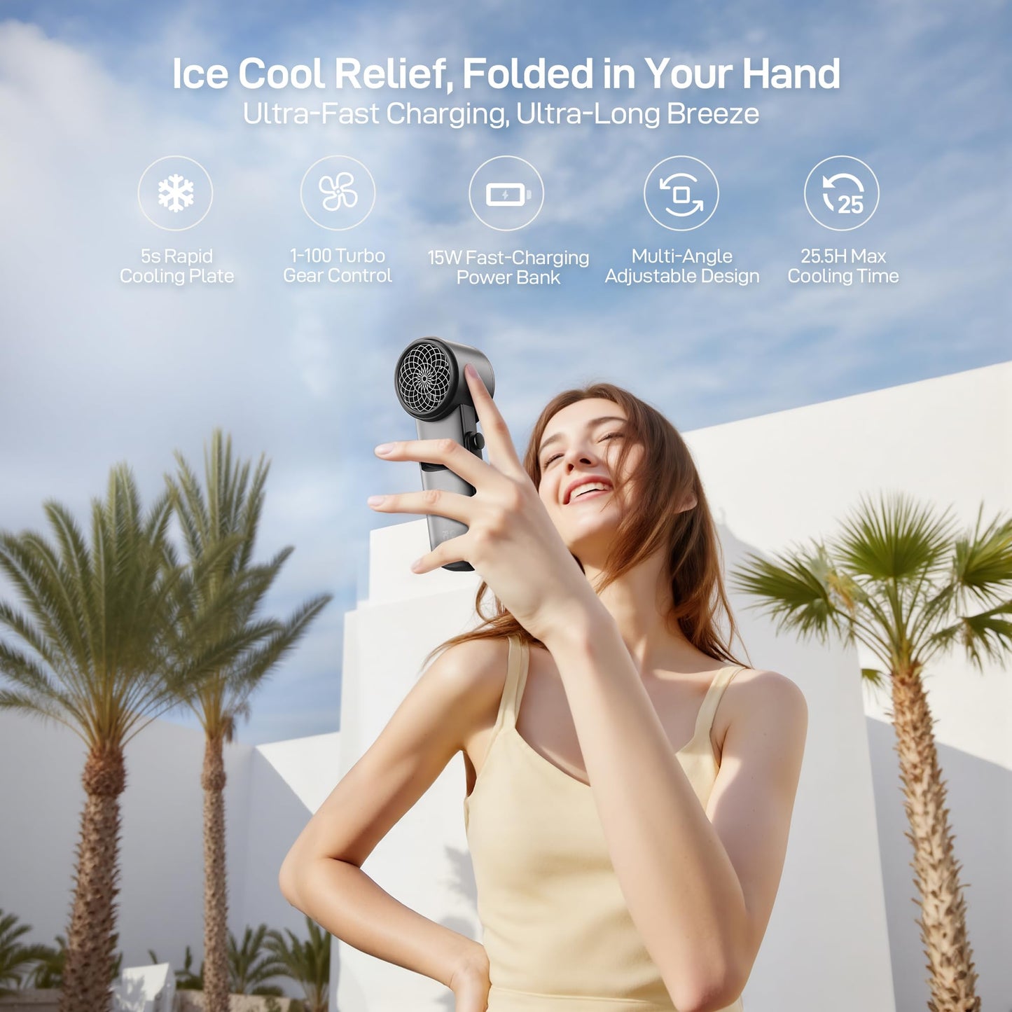 EPICKA Portable Handheld Fan with Ice Cooler - 25H Runtime, Rechargeable 6800mAh Personal Turbo Fan with Power Bank, Fast Charging, 0-100 Speed, Gifts for Women, Summer Travel Essentials, Black