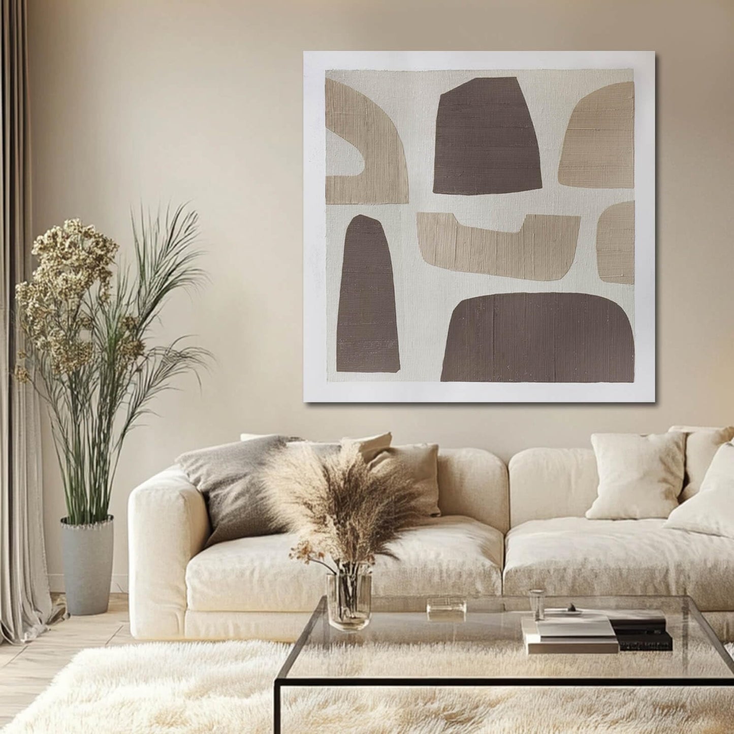 Neutral Geometric Abstract Wall Art, Hand-Painted Oil Painting on Canvas, Framed, Textured Wall Decor, Ready to Hang, Modern Minimalist Decor for Living Room, Office, 40x40 Inch