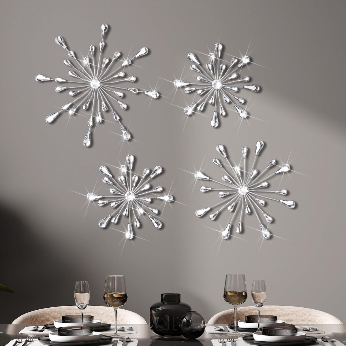 Hicarer 4pcs 3D Silver Metal Starburst Wall Decor Bling Crystal Wall Art Cast Iron Rhinestones Sunburst Decor Jeweled Hanging Glitter Diamond Accents Home Decorative for Living Room Bedroom Entryway