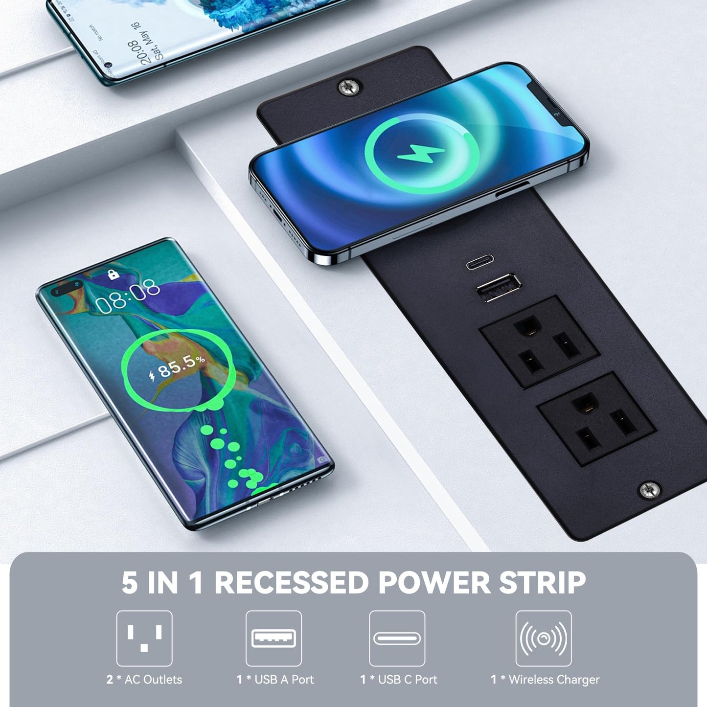 Recessed Power Strip with 15W Wireless Charger,Furniture Recessed Outlet with USB C Fast Charging,Desktop Charging Station & 2 Outlets,2 USB Ports Table Power Strip for Furniture, Home, Office.