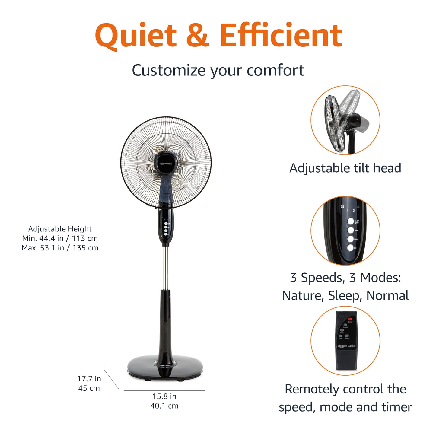 Amazon Basics 16" Pedestal Fan with Remote for Bedroom, Living Room, Office, Adjustable Height, Dual-Layered Blades, 3 Speeds, 3 Modes, Timer, Tilt Head, 60W, Black