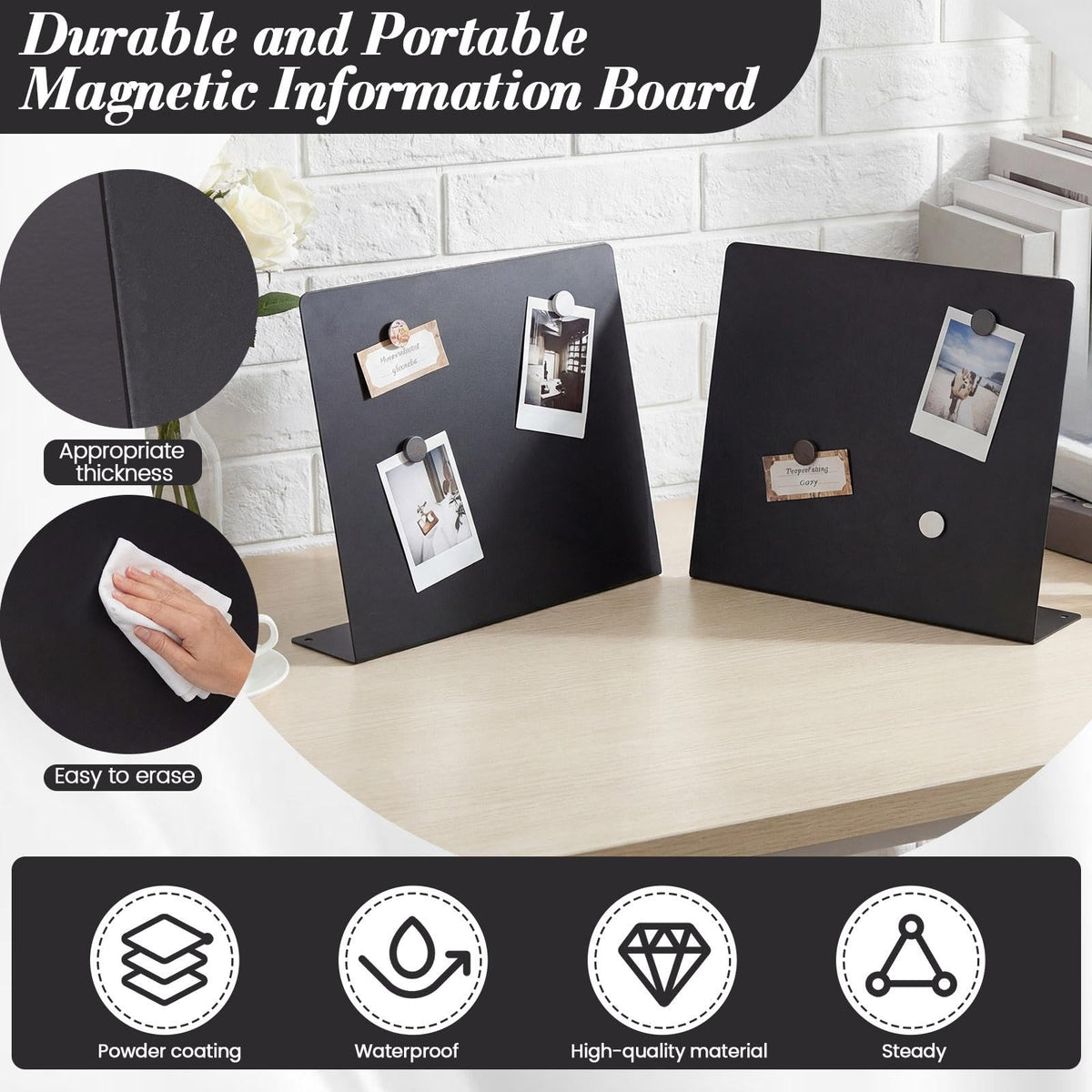 LEIFIDE 2 Pcs Black Magnet Boards Magnetic Bulletin Board Announcement Wave-Shaped Magnetic Display Board Stand Metal Desktop Memo for Menus Dining Table Home School Kitchen Office(8.5 x 11 Inch)
