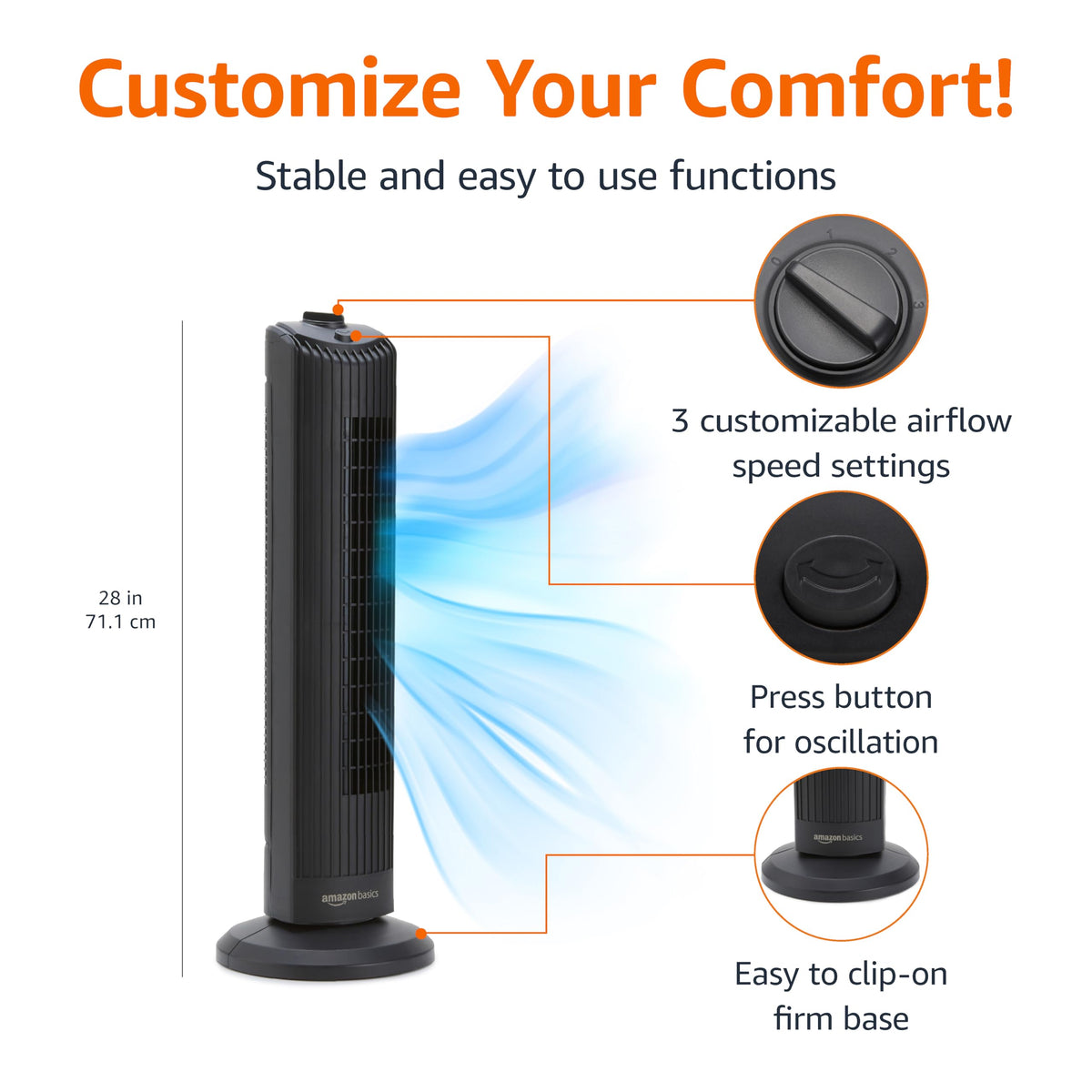 Amazon Basics 28" 60-Degree Oscillating Tower Fan with Powerful Airflow for Bedroom, Living Room, Office, 3 Speeds, Mechanical Control, Air Circulator, 35W, 27.8"H x 9.4"D x 9.4"W, Black