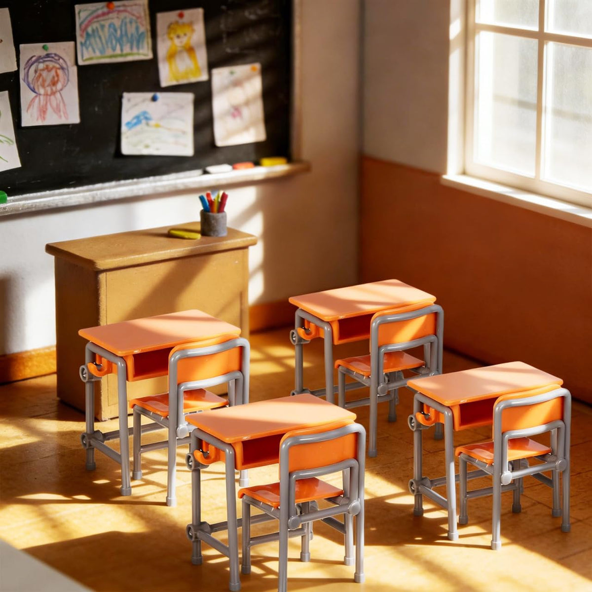 Housoutil 4sets Miniature School Furniture Set, Dollhouse Desk and Chair Play Modern, Realistic Miniature School Supplies for Dollhouse Decor and Pretend Play