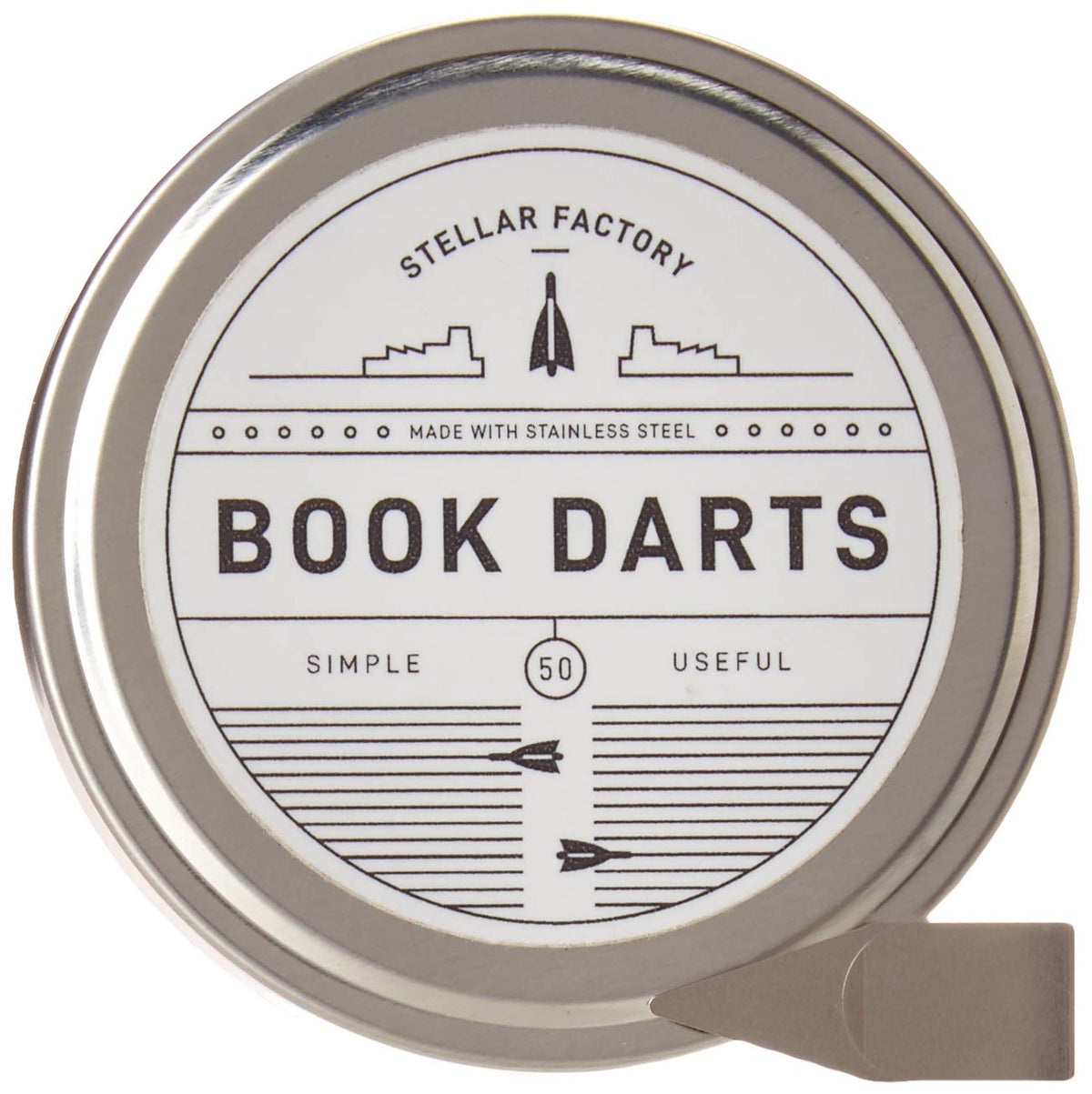 Stellar Factory Book Darts | Stainless Steel Line Marker Bookmarks | 50-Count Tin | Reusable, Page-Safe | for Students, Readers & Professionals