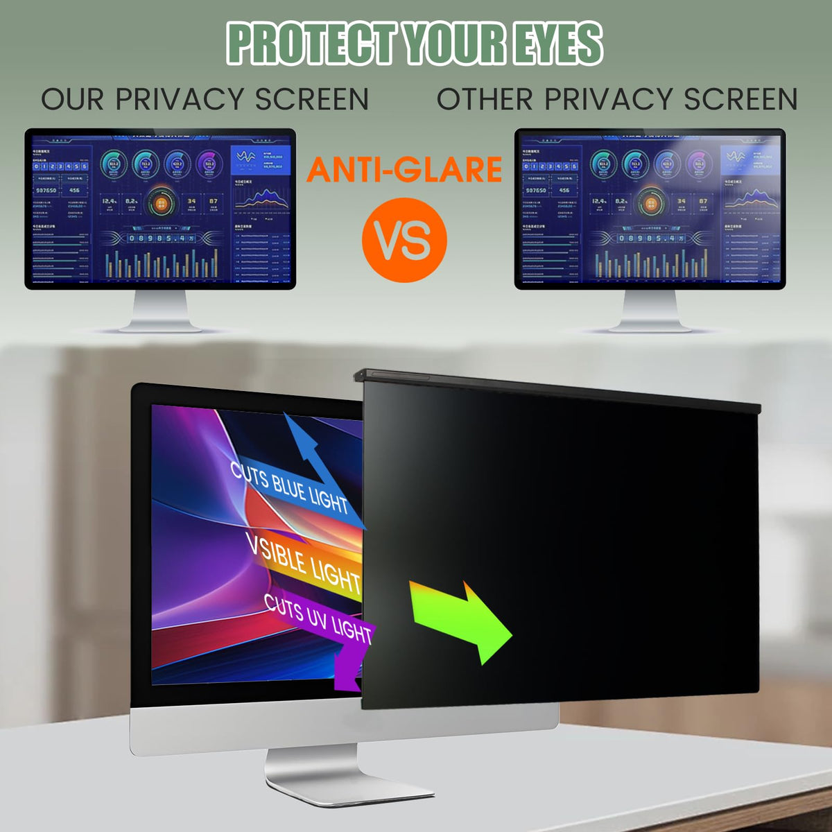 EliWhale [2 PACK] 27 Inch Removable Hanging Computer Privacy Screen for 16:9 Widescreen Monitor, Matte, Anti-Glare, Bluelight Block, Eye Health Protection, Size: 613 * 370mm