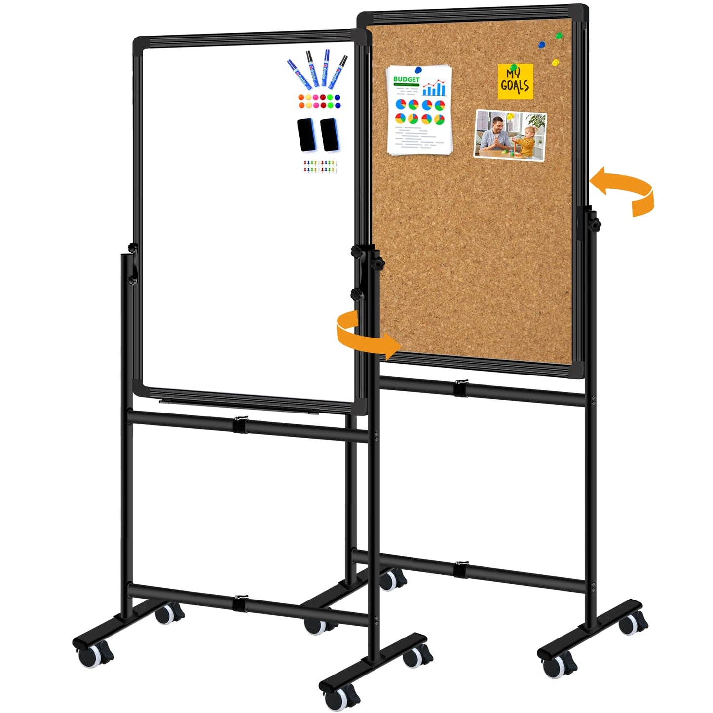Max-officoo Double Sided Standing Corkboard and Magnetic White Board Dry Erase, 24"x36" Adjustable Height & Angle Mobile Whiteboard with Rolling Wheels