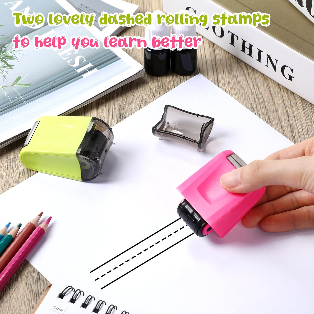 Affrolling 2 Pcs Roller Stamps for Teachers Dashed Handwriting Lines Practice with 2 Black Ink Self Inking Line Rolling Stamps Supplies for Sentence Handwriting Practice, Green and Pink