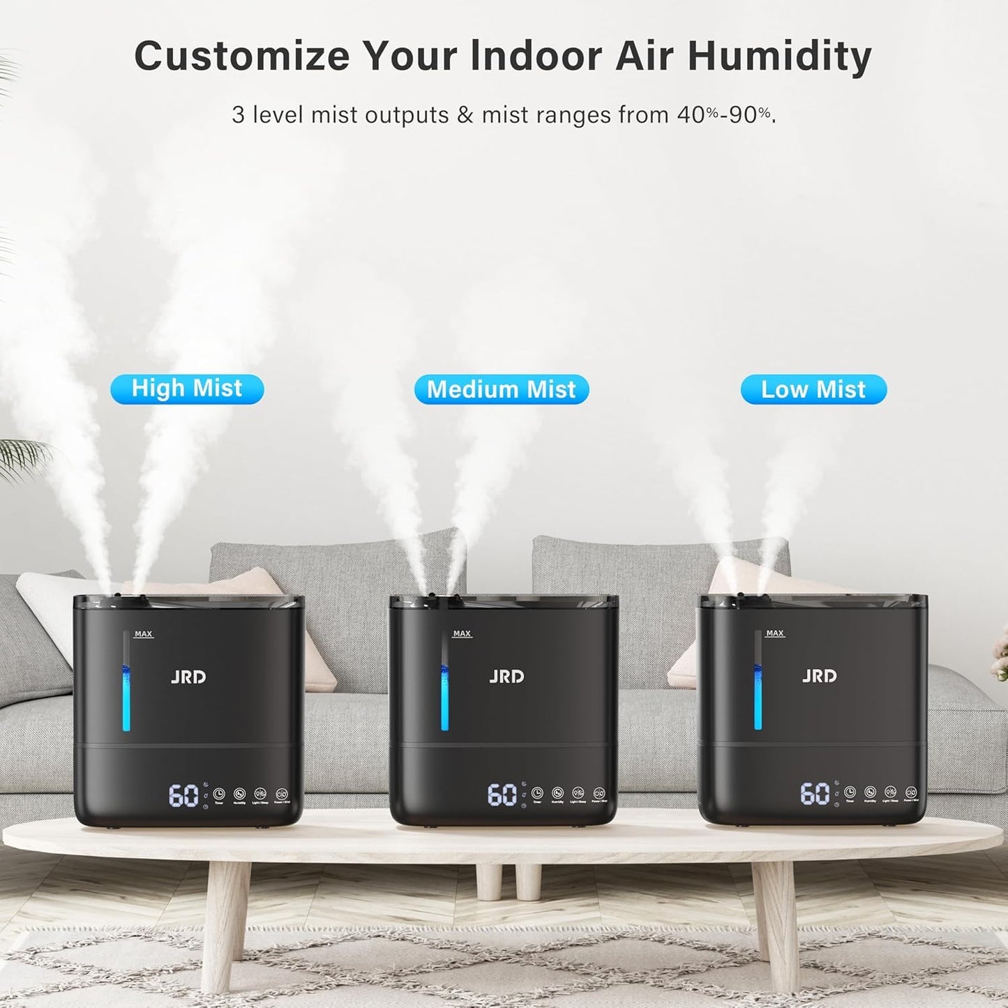 JRD Humidifiers for Bedroom, Ultrasonic Humidifier 4L for Large Room, Cool Mist Top-Fill, 40H Run, 12H Timer, 360° Nozzle, Aroma Diffuser, 7-Color Night Light for Home, Office, Baby, Pets, Plants
