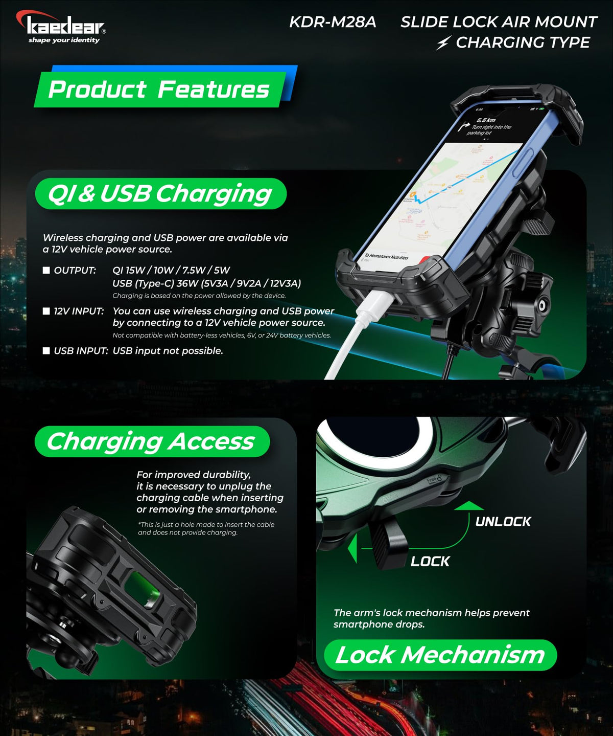 Kaedear Motorcycle Smartphone Holder, Air Mount Vibration Absorption, QI & USB Charging, Fast Wireless Charging, IP66 Waterproof, Quick Release, Locking System, Air Mount, Slide Lock KDR-M28A