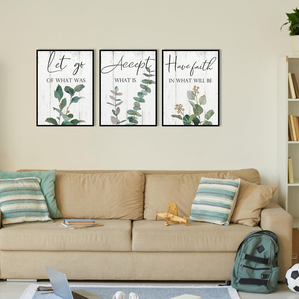 Inspirational Wall Art Office Decor: 3 Piece Motivational Quotes Wall Art 12"x16",Accept Let Go Have Faith Wall Decor for Office,Eucalyptus Pictures Framed Hanging Inspirational Posters for Bedroom
