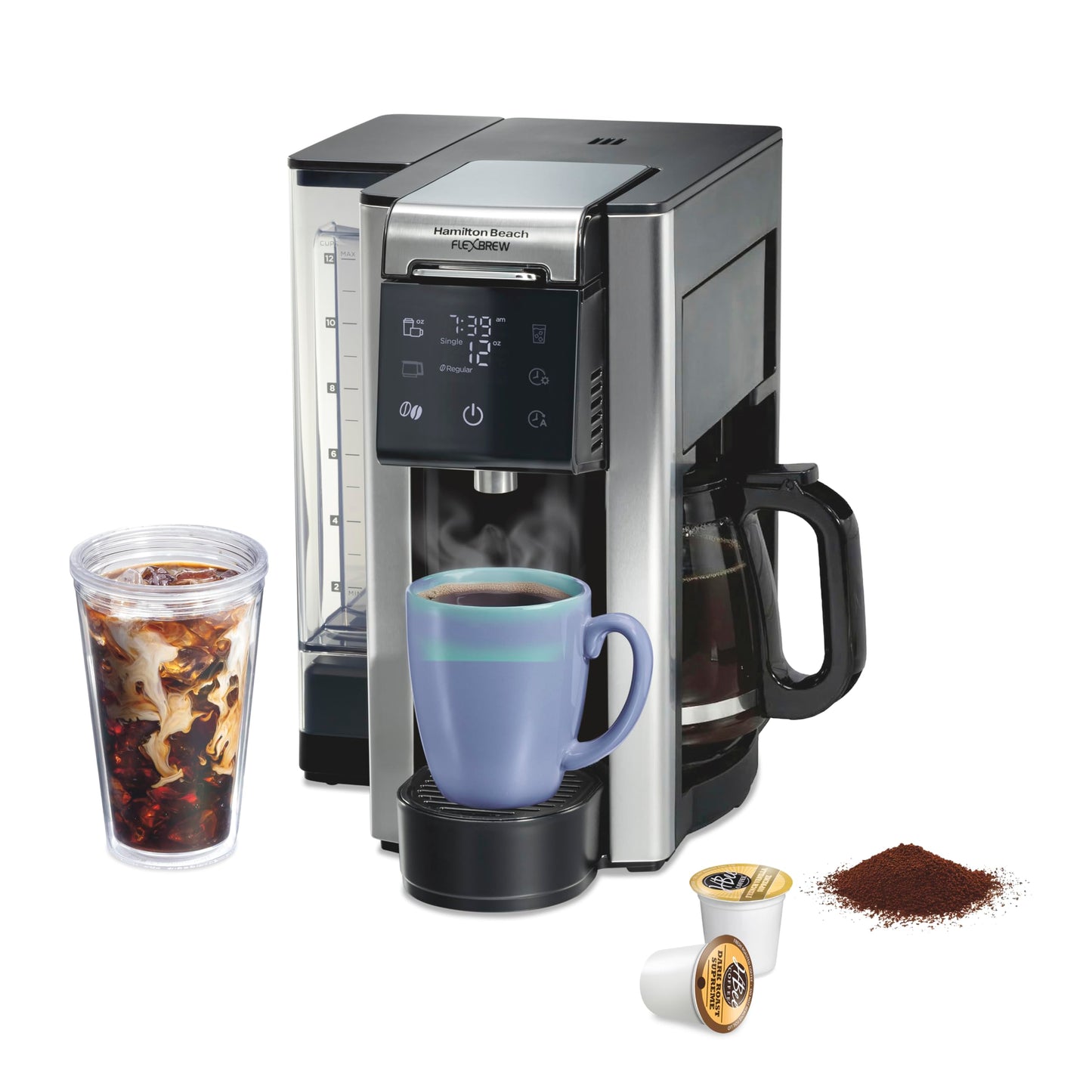 Hamilton Beach FlexBrew Advanced 5-in-1 Programmable 12 Cup Drip and Single Serve Hot & Iced Coffee Maker with Movable 60 oz. Water Reservoir, Use Pod Packs and Grounds, Fast Brewing, Black (49924)