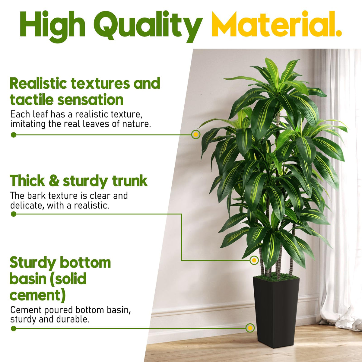 Artificial Dracaena Tree Indoor, 6FT Tall Fake Tree with Black Tall Planter, Artificial Trees Fake Yucca Potted Tree for Home Office Living Room Decor, Tall Artificial Plant for Housewarming