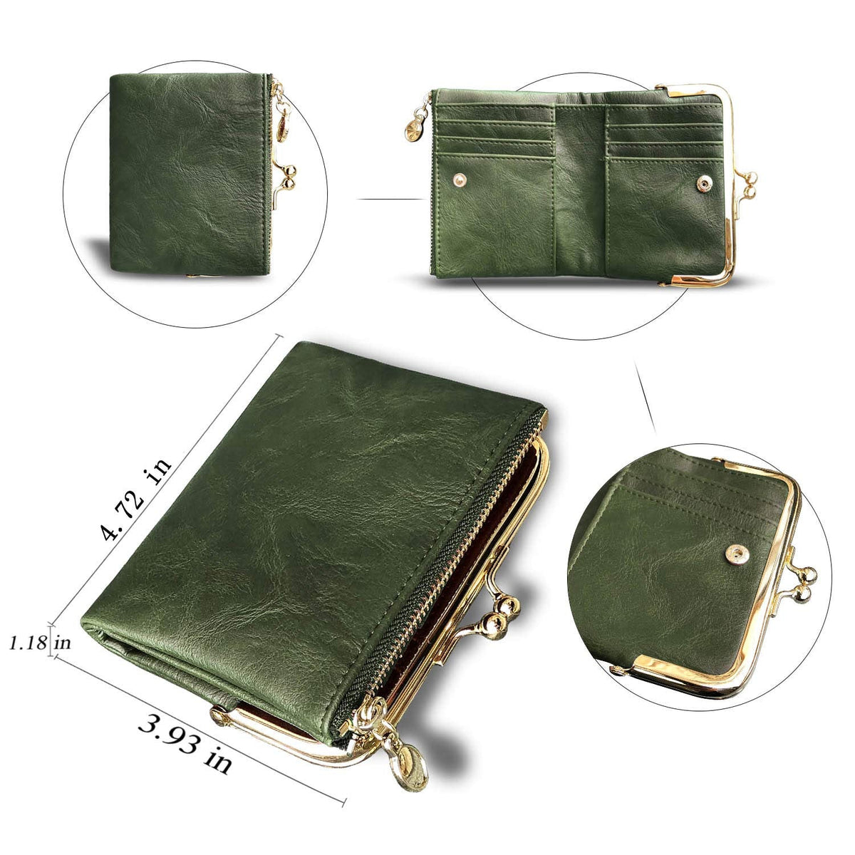 PofeeXIO Womens Wallet RFID Small Compact Bifold Leather Vintage Wallet,Ladies Coin Purse with Zipper and Kiss Lock (Green)