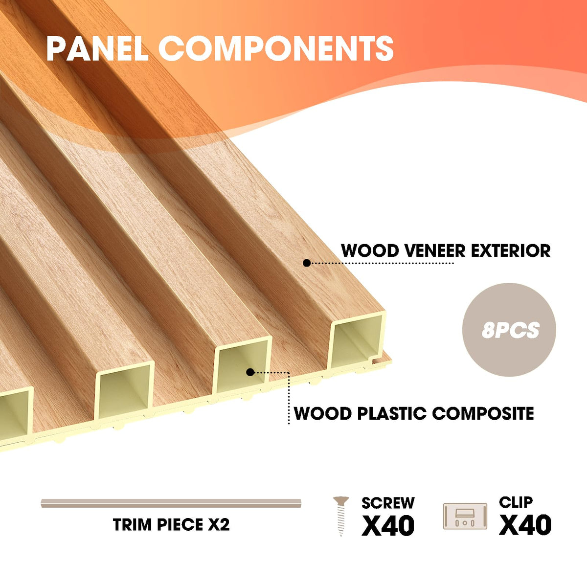 OUZUGIE WPC Acoustic Slat Wall Paneling, 8-Pack 96 x 6 Inches 3D Wall Panels for Interior Wall Decor,Living Room,TV Background,Study Room,Office Spaces,Bedroom,High Grille (Oak)
