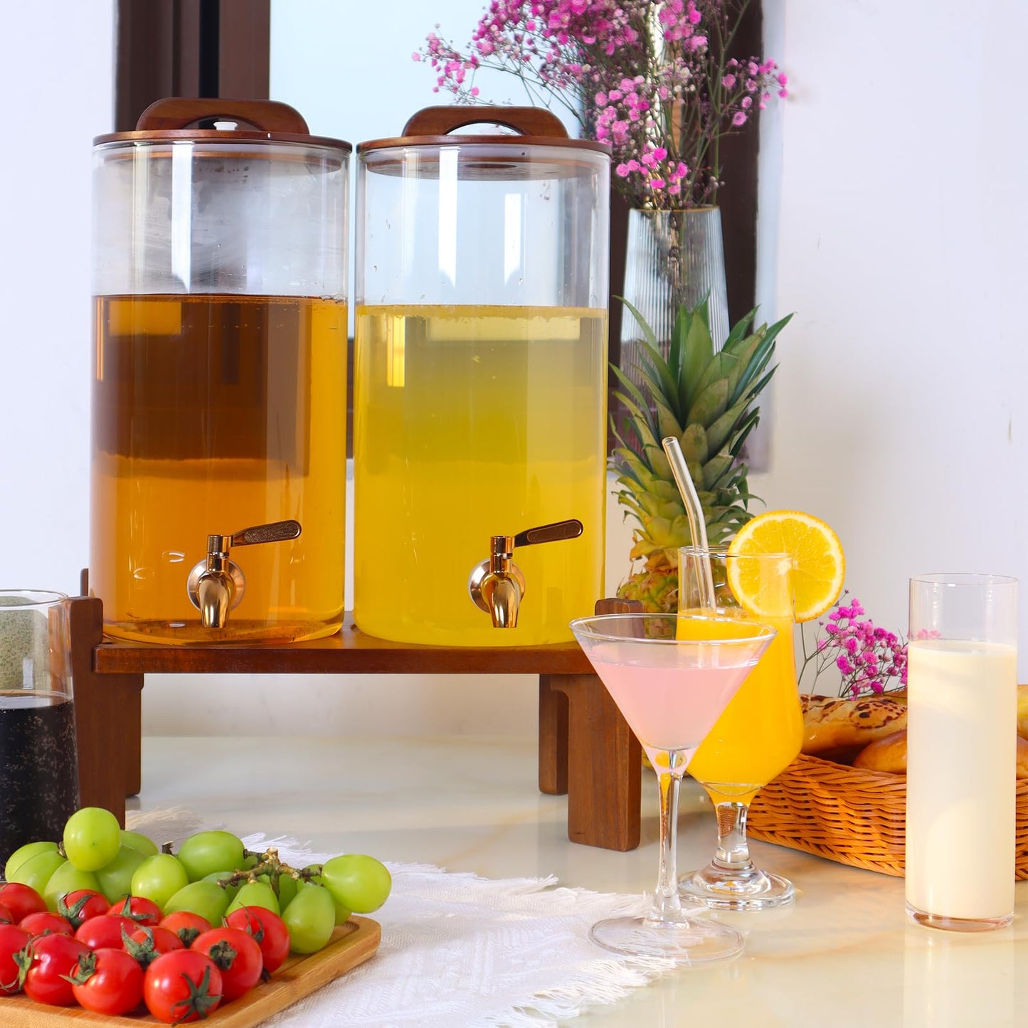 2PCS 1.6 Gallon Drink Dispenser,Glass Water Dispenser with Stand,Beverage Dispenser with Stainless Steel Spigot,Drink Dispensers for Parties,Bars,Restaurants