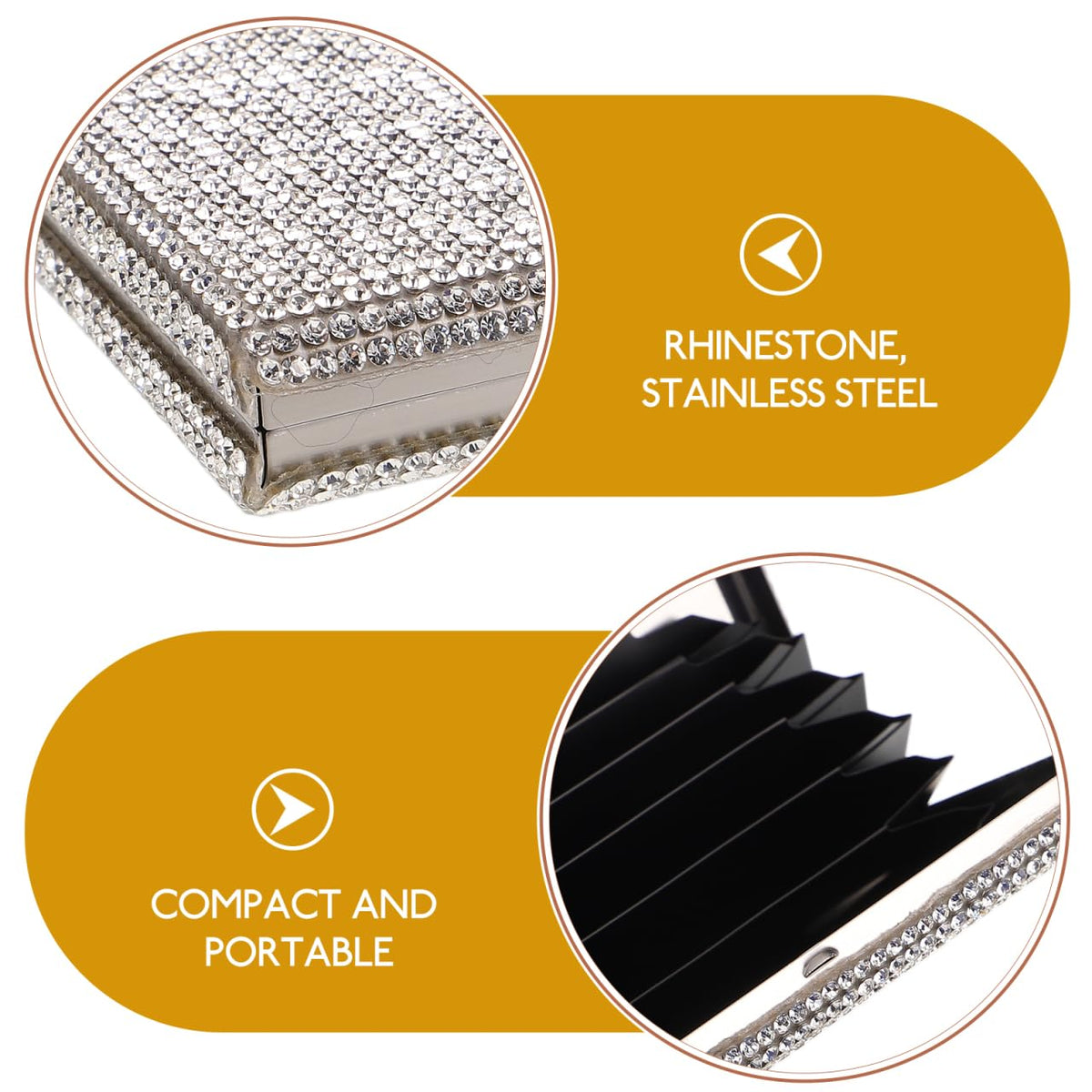 TEHAUX Rhinestone Business Card Holder for Women - Bling Metal Credit Card Case with Accordion Slots - Fancy Sparkly Diamond Organizer for Business Networking & Weddings - Silver Aluminum