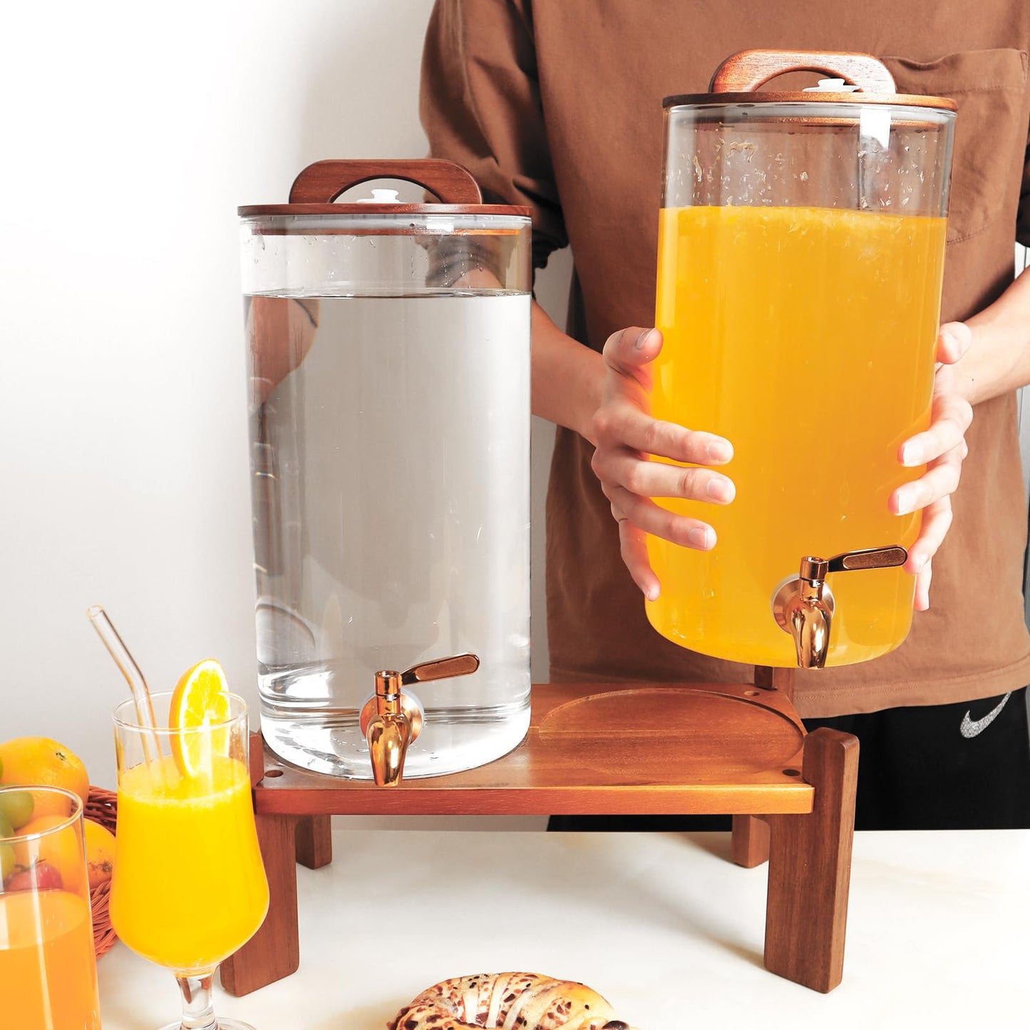 2PCS 1.6 Gallon Drink Dispenser,Glass Water Dispenser with Stand,Beverage Dispenser with Stainless Steel Spigot,Drink Dispensers for Parties,Bars,Restaurants