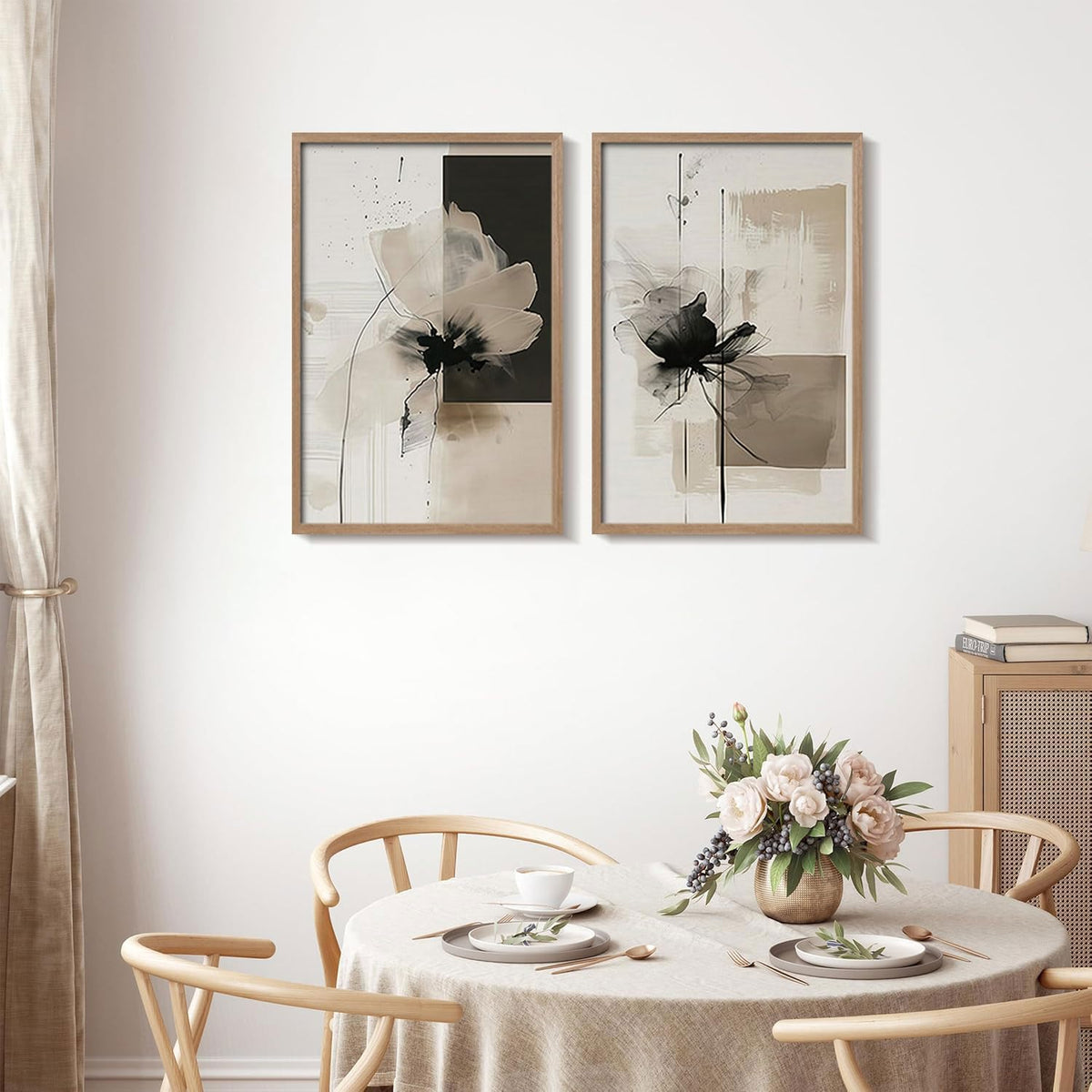 2Pcs Framed Black and White Flower Abstract Wall Art Modern Neutral Canvas Prints Posters Pictures Gallery Wall Decor Living Room Bedroom Office Apartment 12X16 Inch Ready to Hang