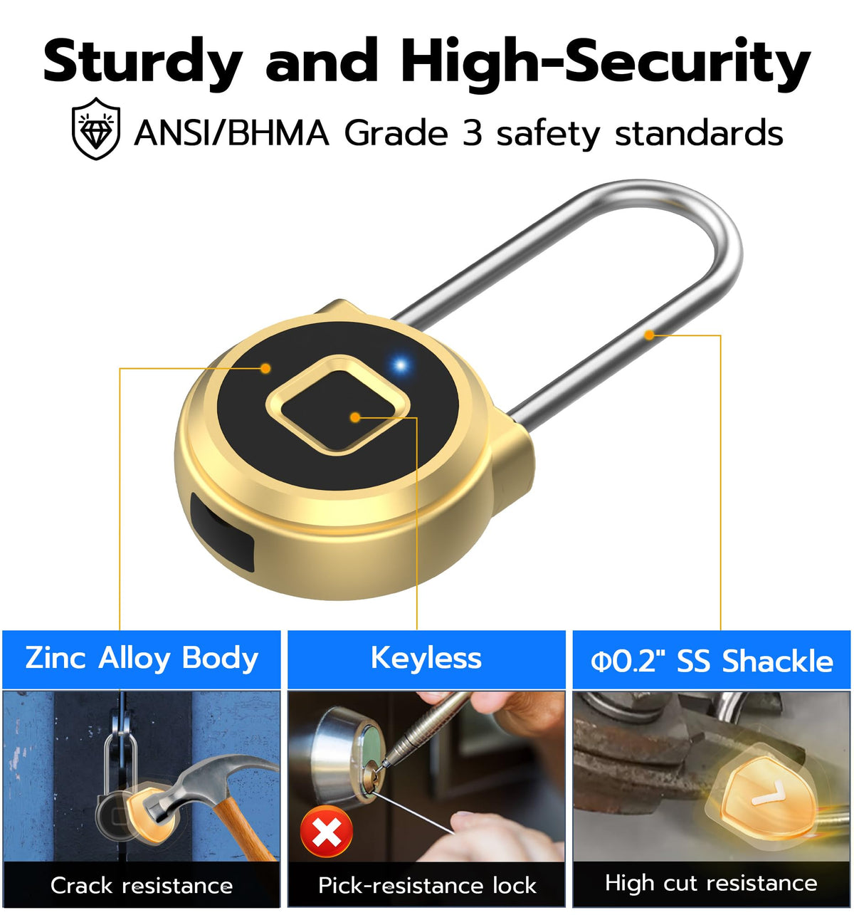 Anweller Fingerprint Gym Locker Lock, Keyless Biometric Long Shackle Small Padlock, Electronic Digital Bluetooth Smart Waterproof Pad Lock for Outdoor Fence Gate School Storage Sport Backpack Travel