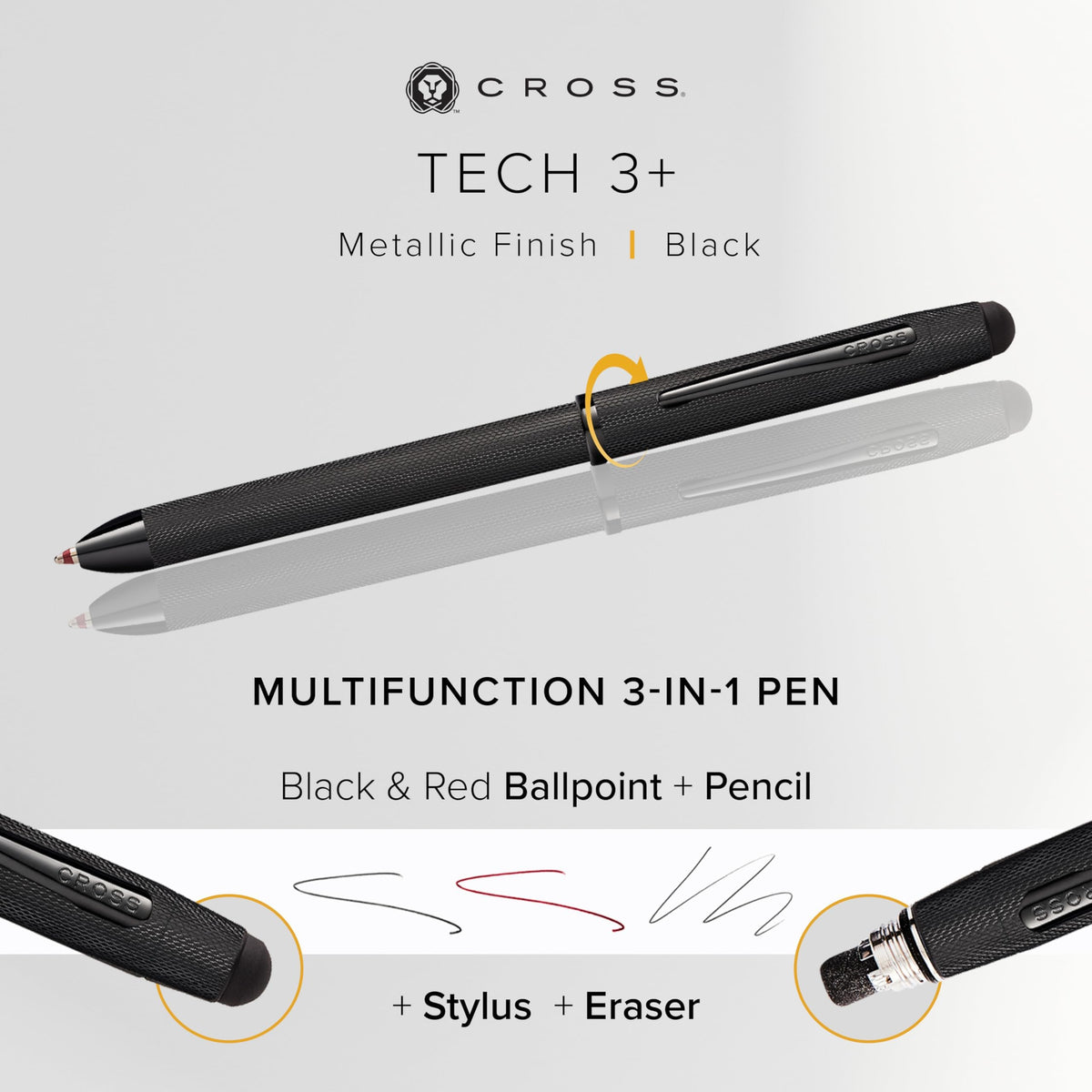 Cross Tech3+ Refillable Multi-Function Ballpoint Pen with Stylus, Medium Ballpen and Pencil, Includes Premium Gift Box - Brushed Black