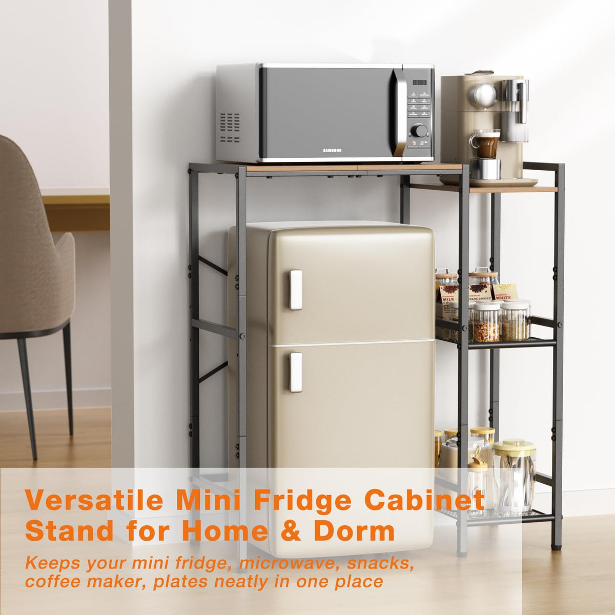 Mini Fridge Stand with Storage Shelves, Upgraded 3-Tier Mini Fridge Cabinet Stand Baker Rack for Microwave Coffee Maker Heavy Duty Metal Wood Desk For Dorm,Kitchen, Apartment, 33.4Wx15.7Dx37.2H, Brown